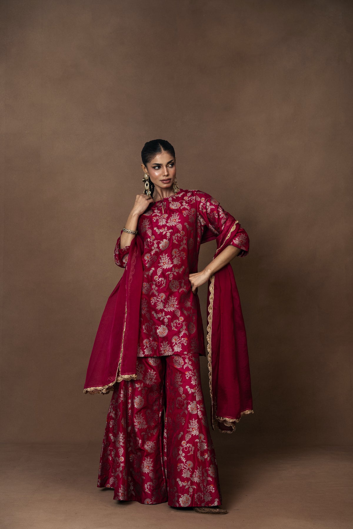 Pink Meenakari Silk Kurta Garara with Organza Duppatta