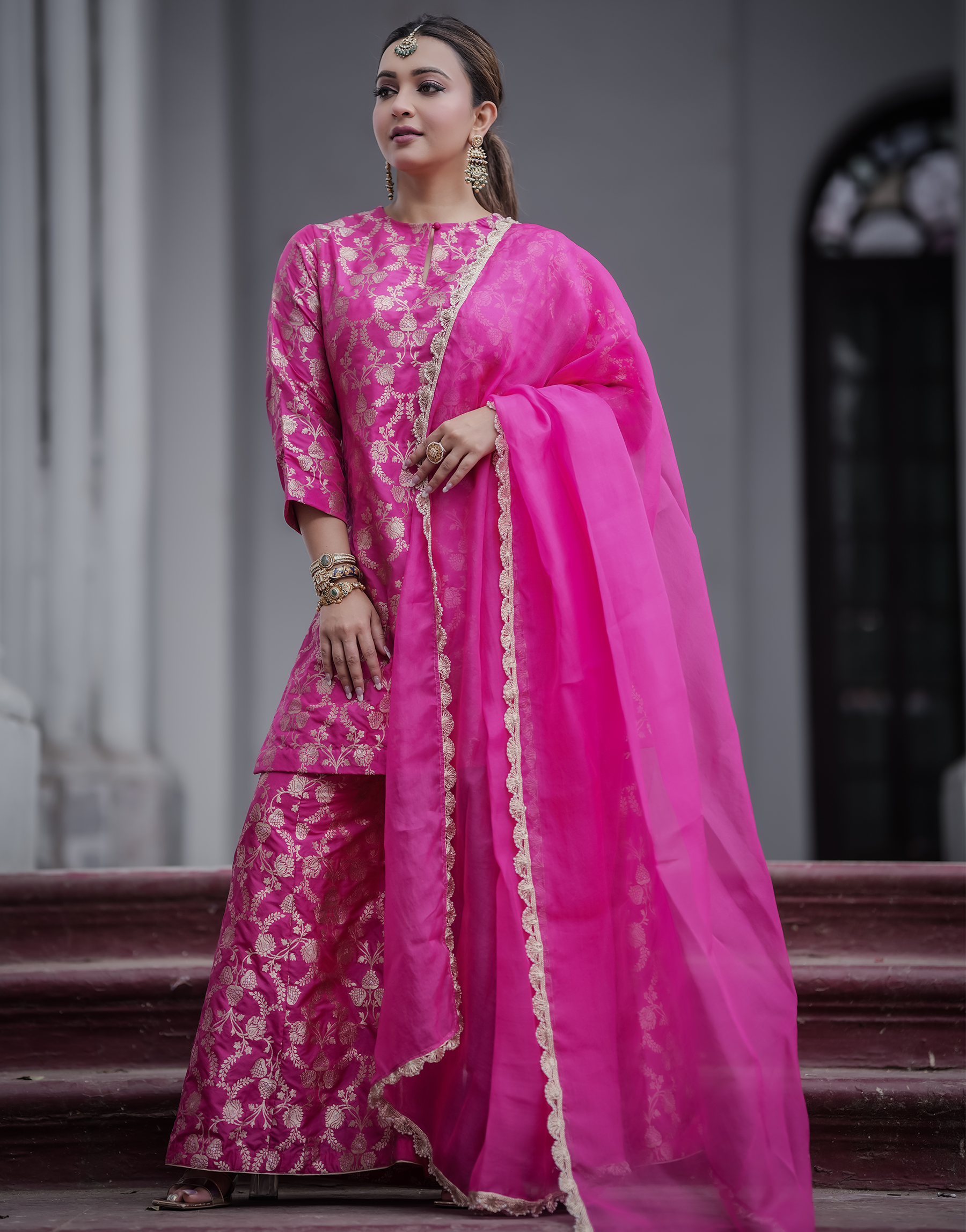 Koushani Mukherjee in Rani Pink Banarasi Silk Sharara Set