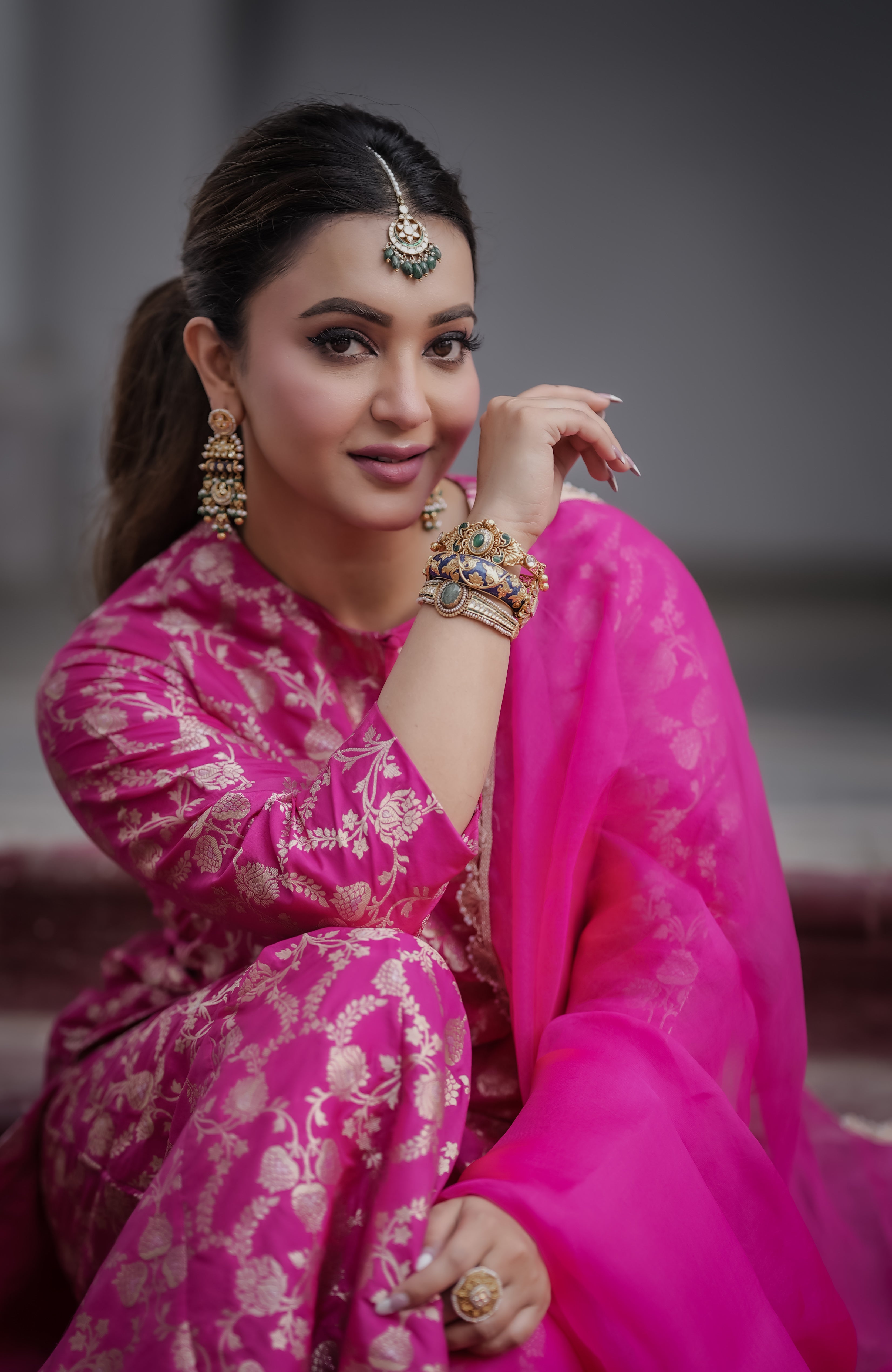 Koushani Mukherjee in Rani Pink Banarasi Silk Sharara Set