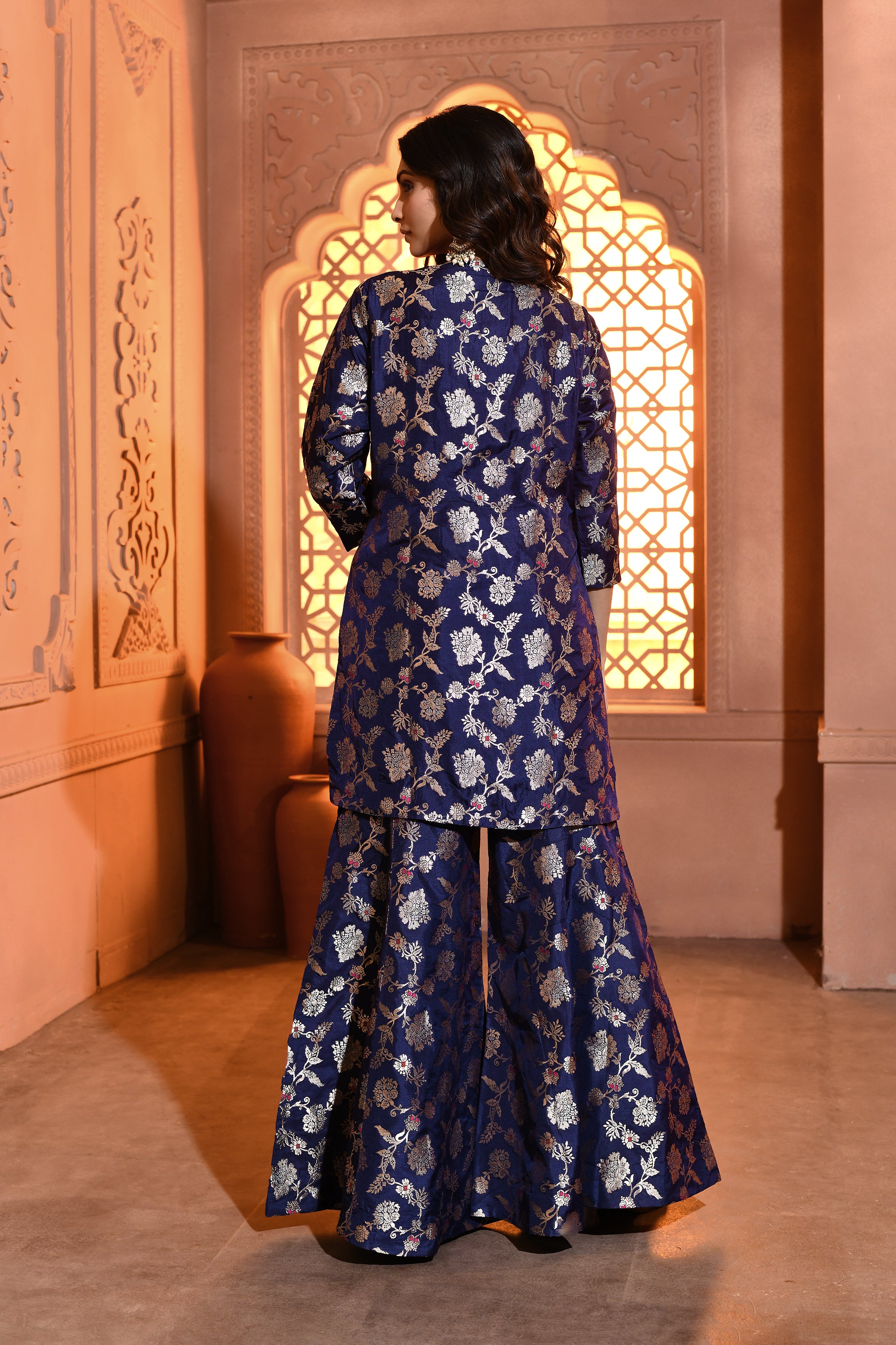 Blue Handwoven Jaal Banarsi Silk Kurta Garara Set