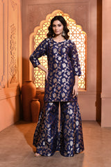 Blue Handwoven Jaal Banarsi Silk Kurta Garara Set