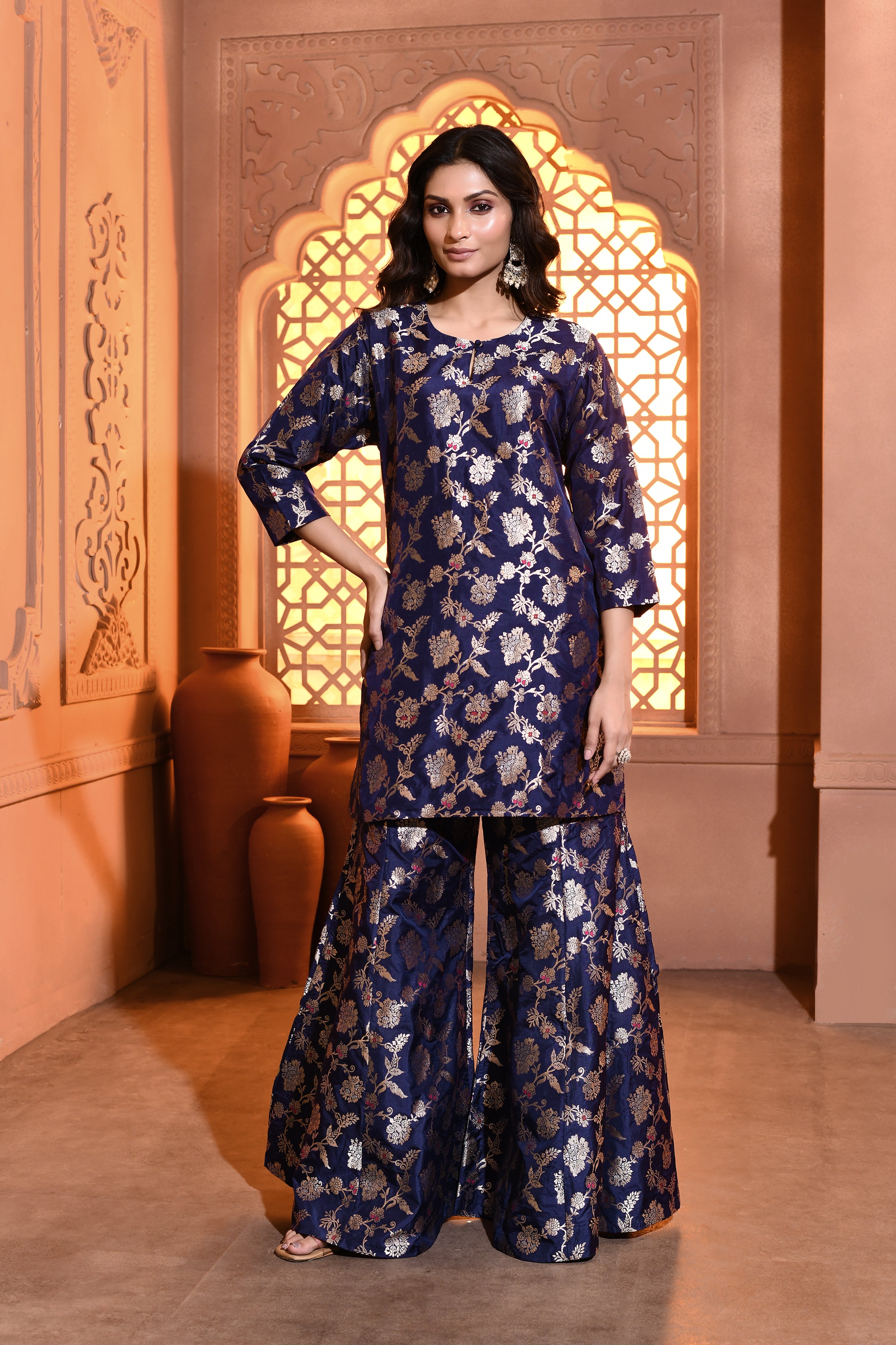 Blue Handwoven Jaal Banarsi Silk Kurta Garara Set