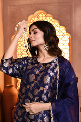 Blue Handwoven Jaal Banarsi Silk Kurta Garara Set