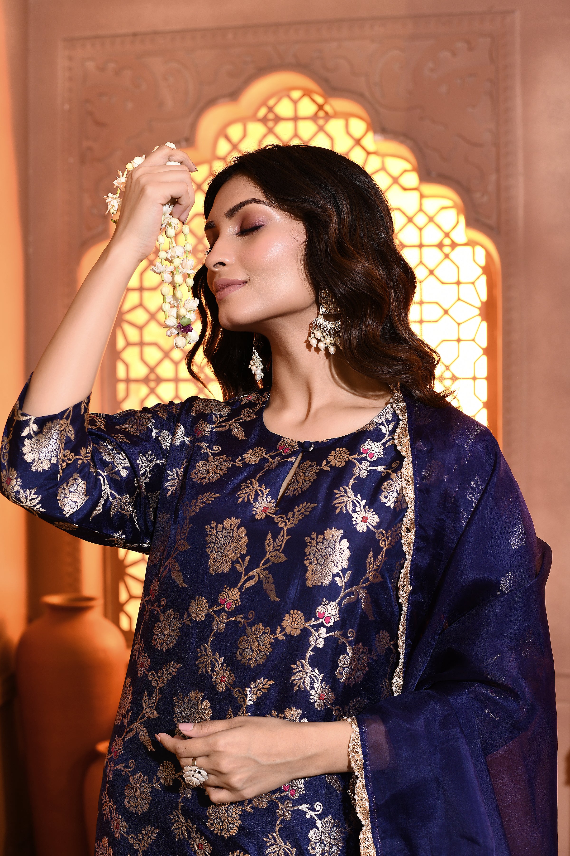 Blue Handwoven Jaal Banarsi Silk Kurta Garara Set