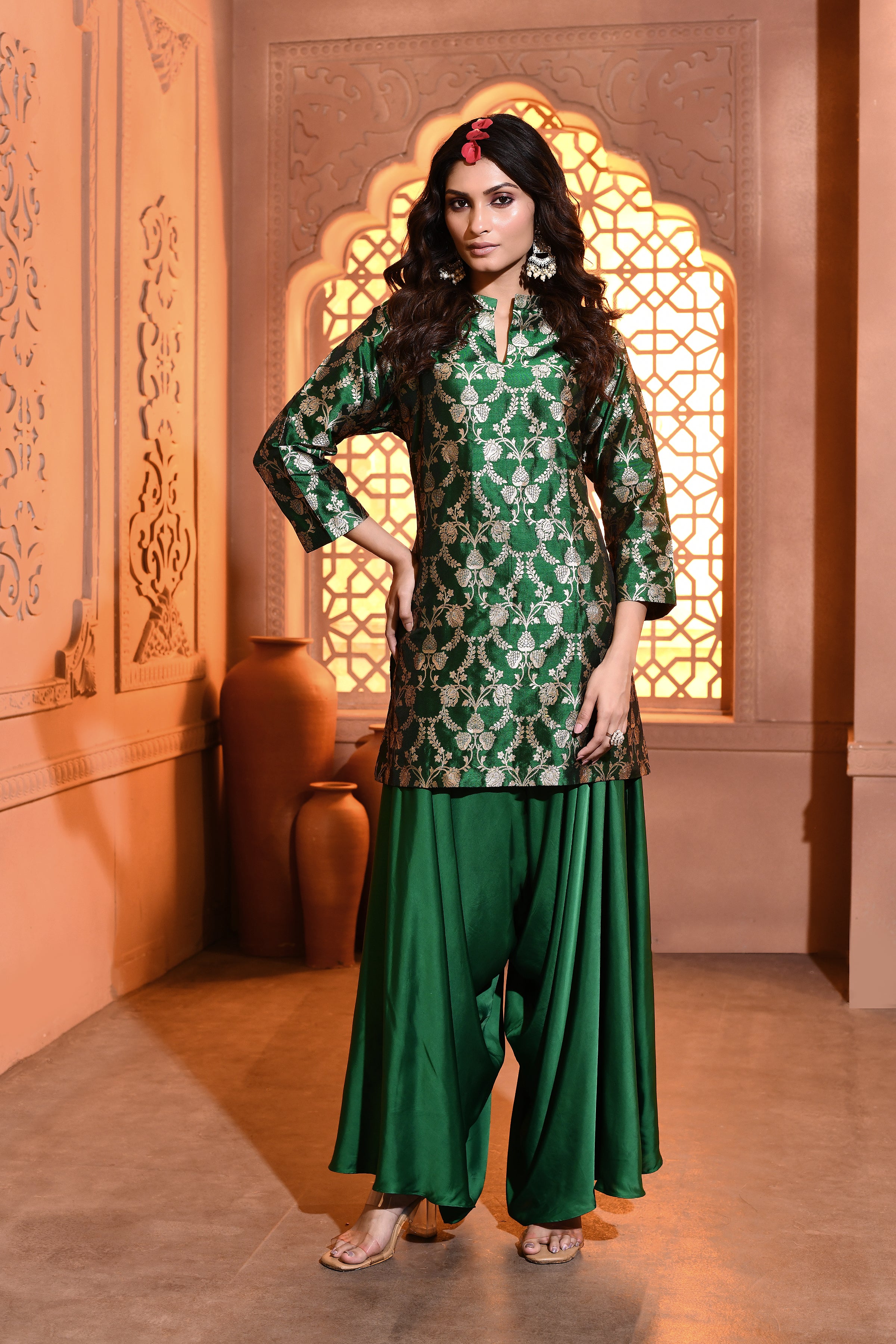 Emerald Green Kurta with Draped Pant Set