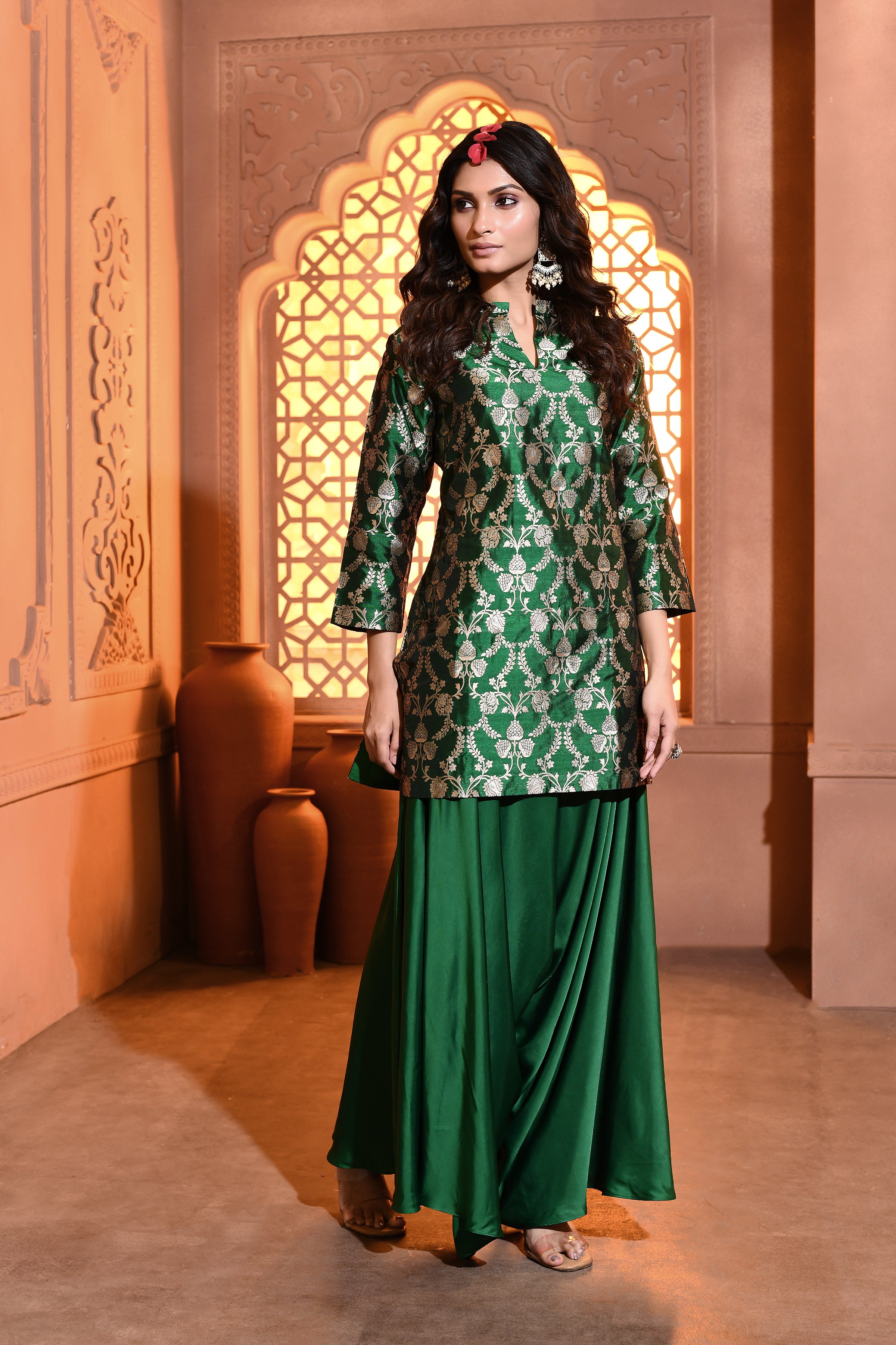 Emerald Green Kurta with Draped Pant Set