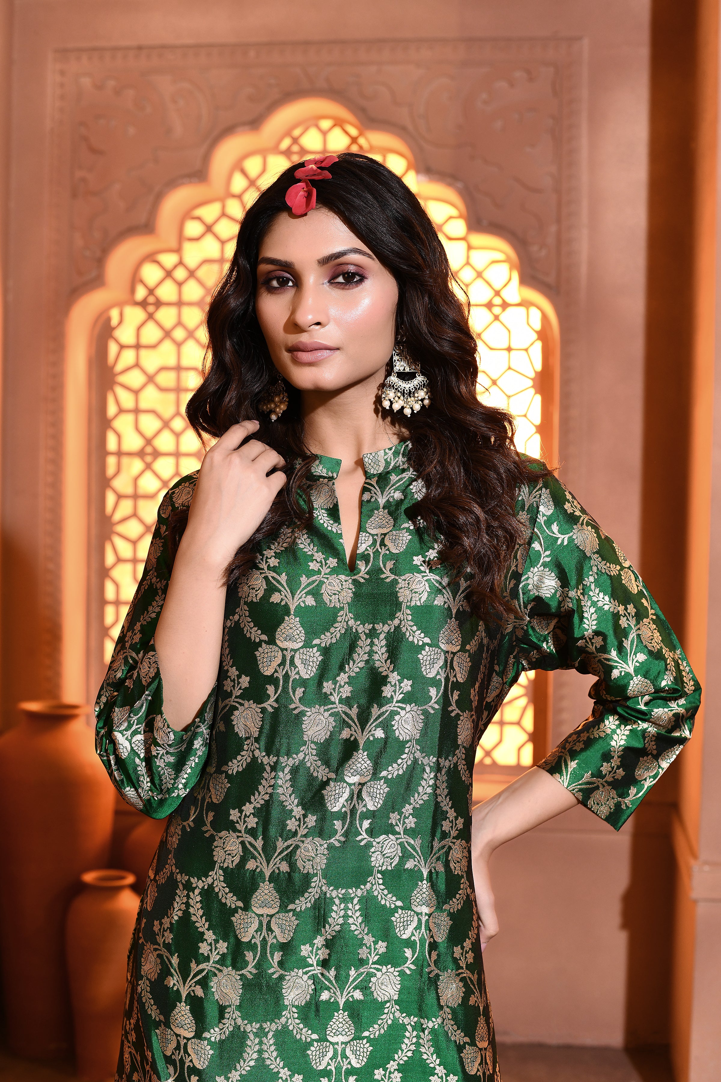 Emerald Green Kurta with Draped Pant Set