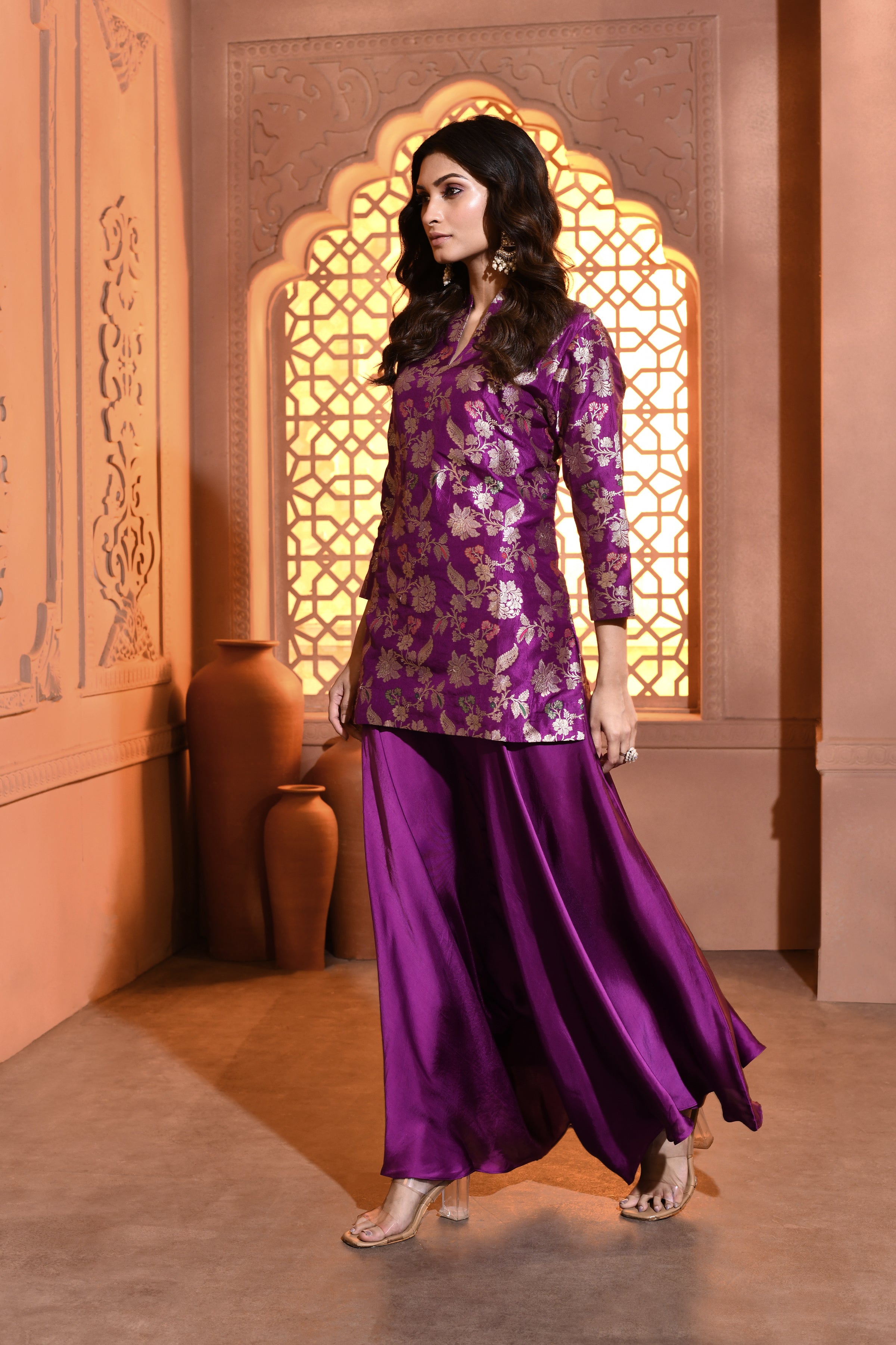 Purple Meenakari Silk Kurta with Drape Pant
