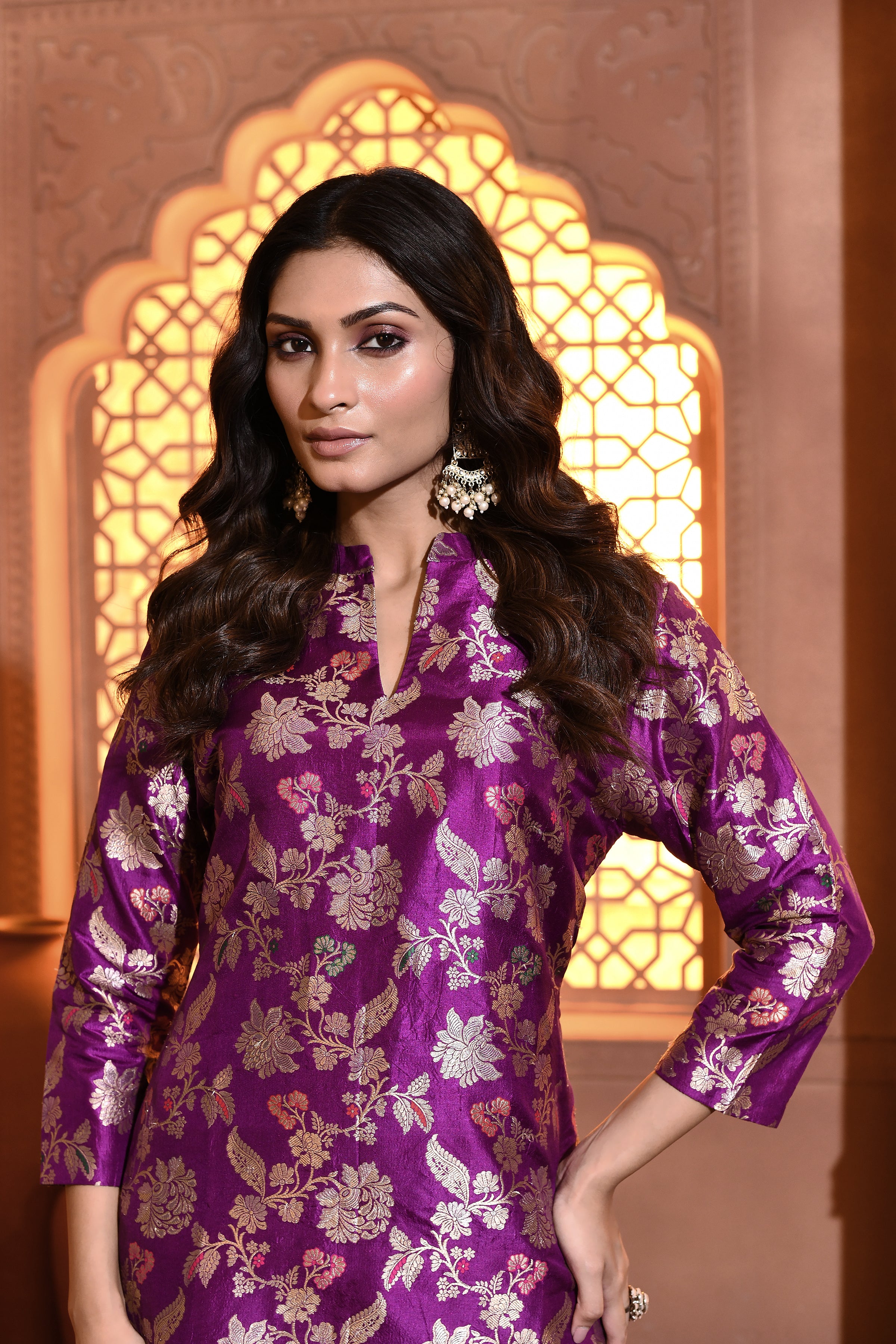 Purple Meenakari Silk Kurta with Drape Pant