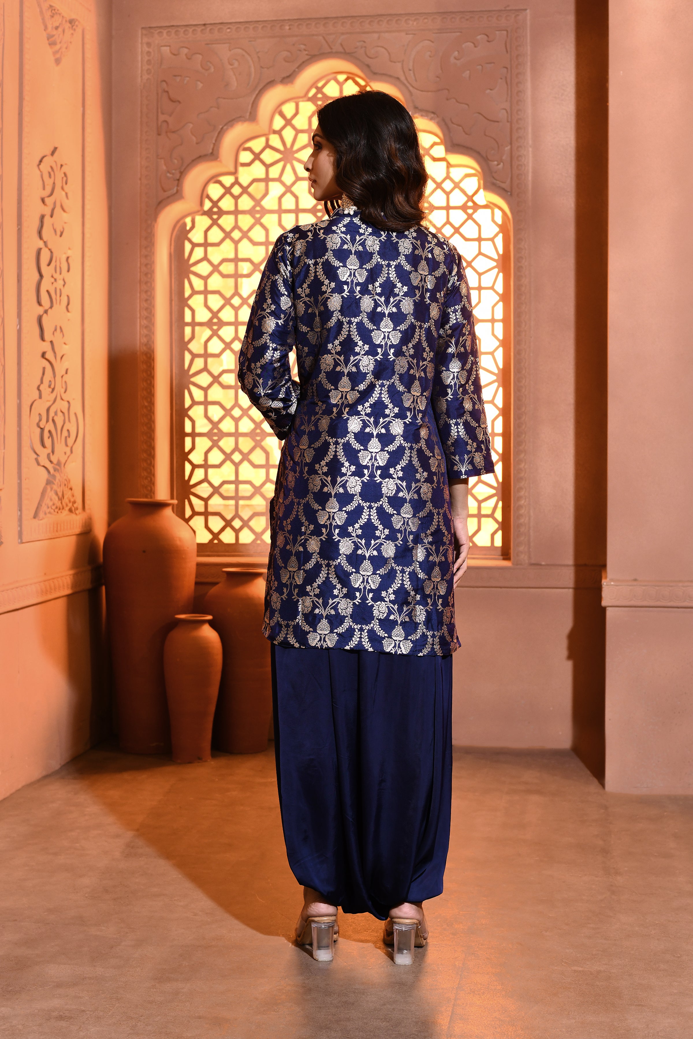 Blue Jaal Silk Kurta with Dhoti Skirt