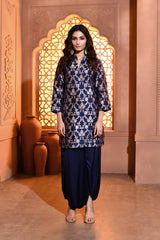 Blue Jaal Silk Kurta with Dhoti Skirt