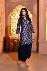 Blue Jaal Silk Kurta with Dhoti Skirt
