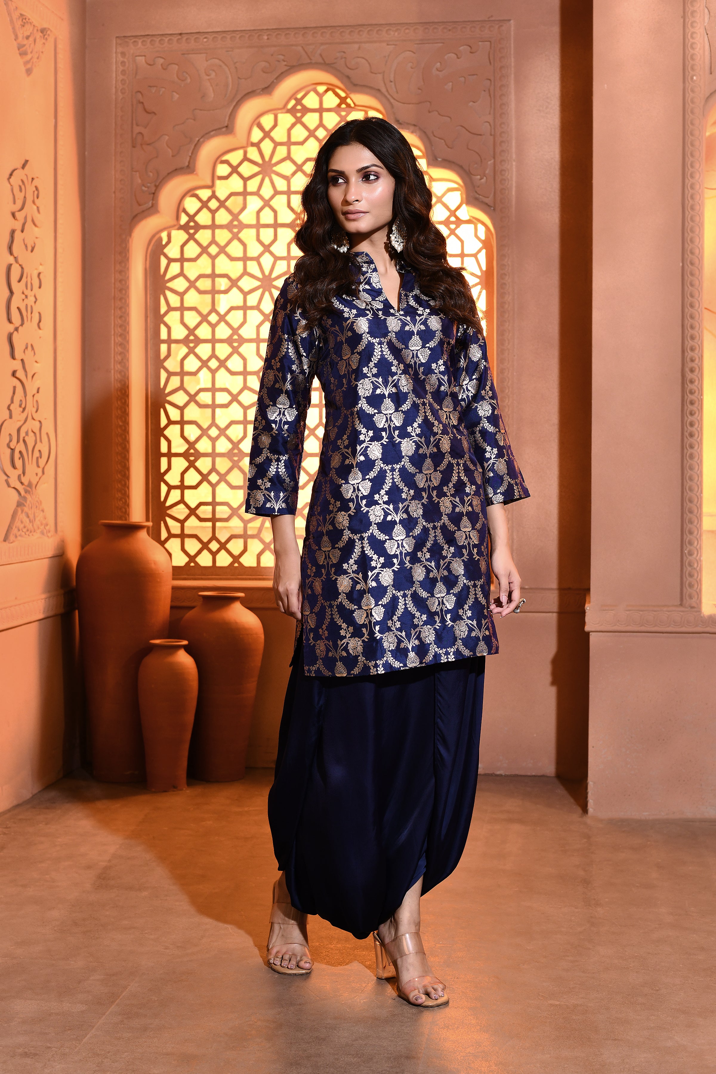 Blue Jaal Silk Kurta with Dhoti Skirt