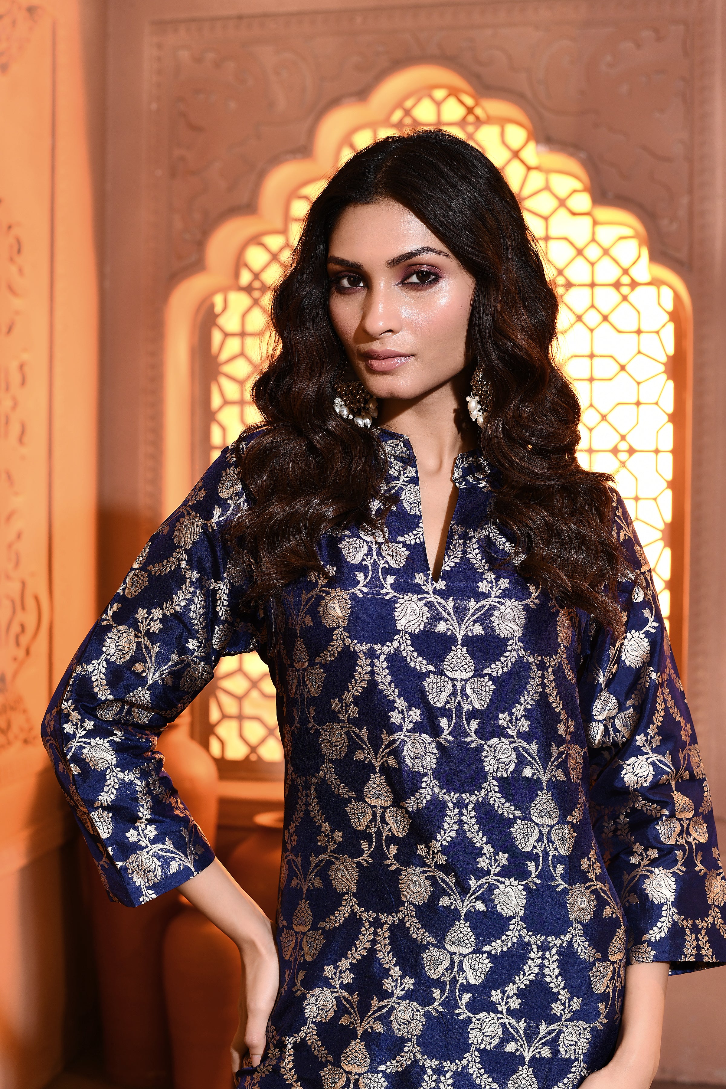 Blue Jaal Silk Kurta with Dhoti Skirt