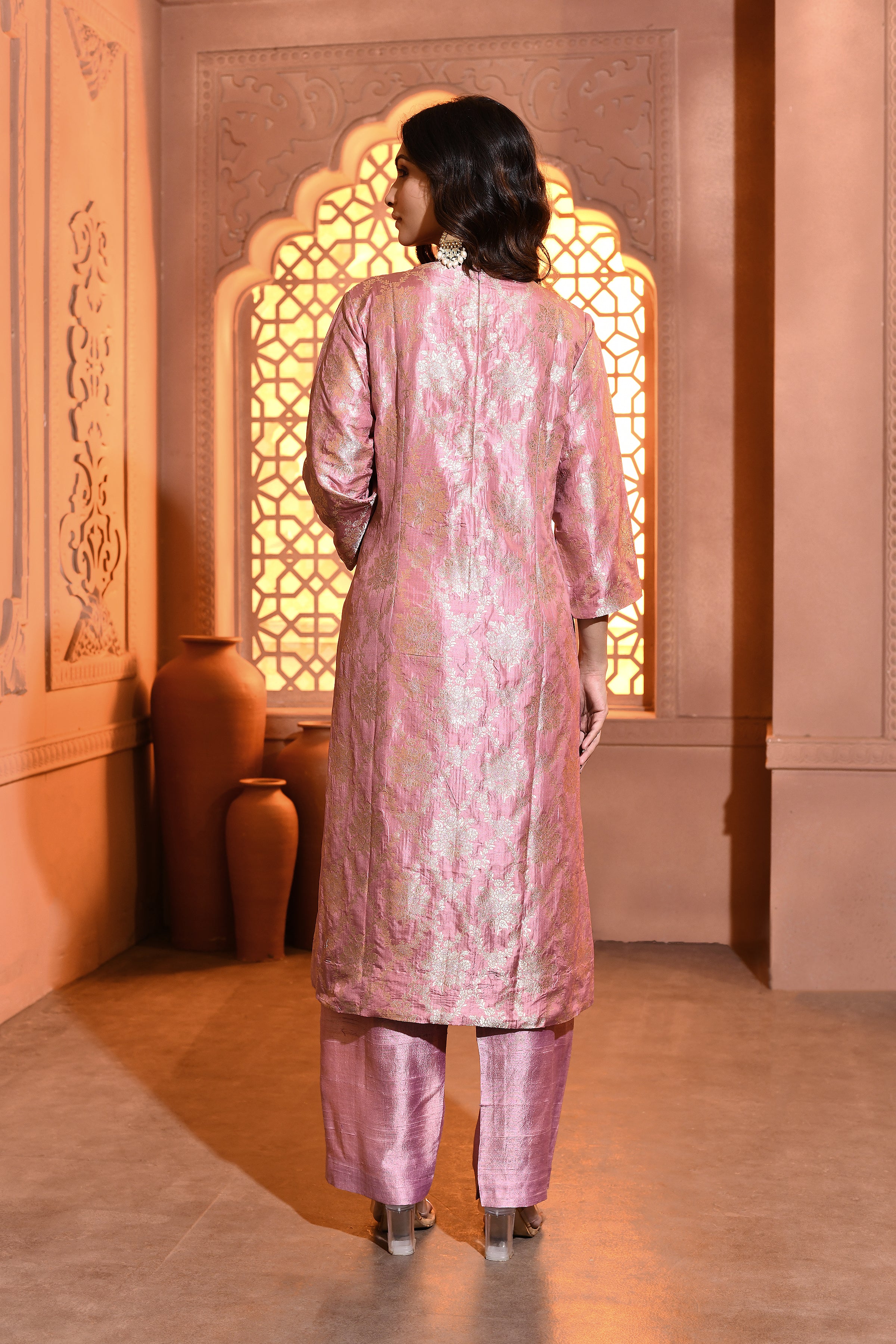 Pink Silver Floral Silk Kurta Set