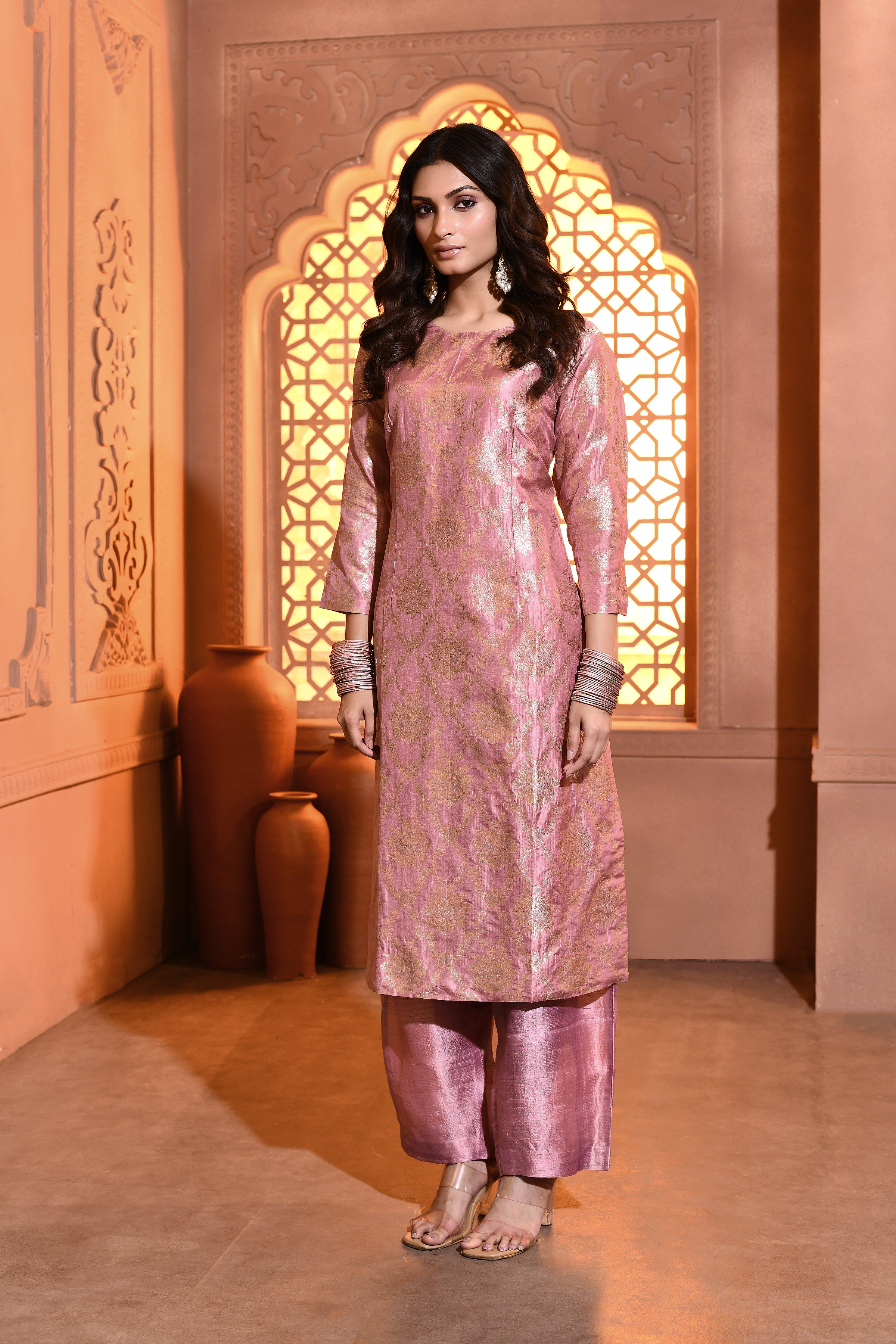 Pink Silver Floral Silk Kurta Set