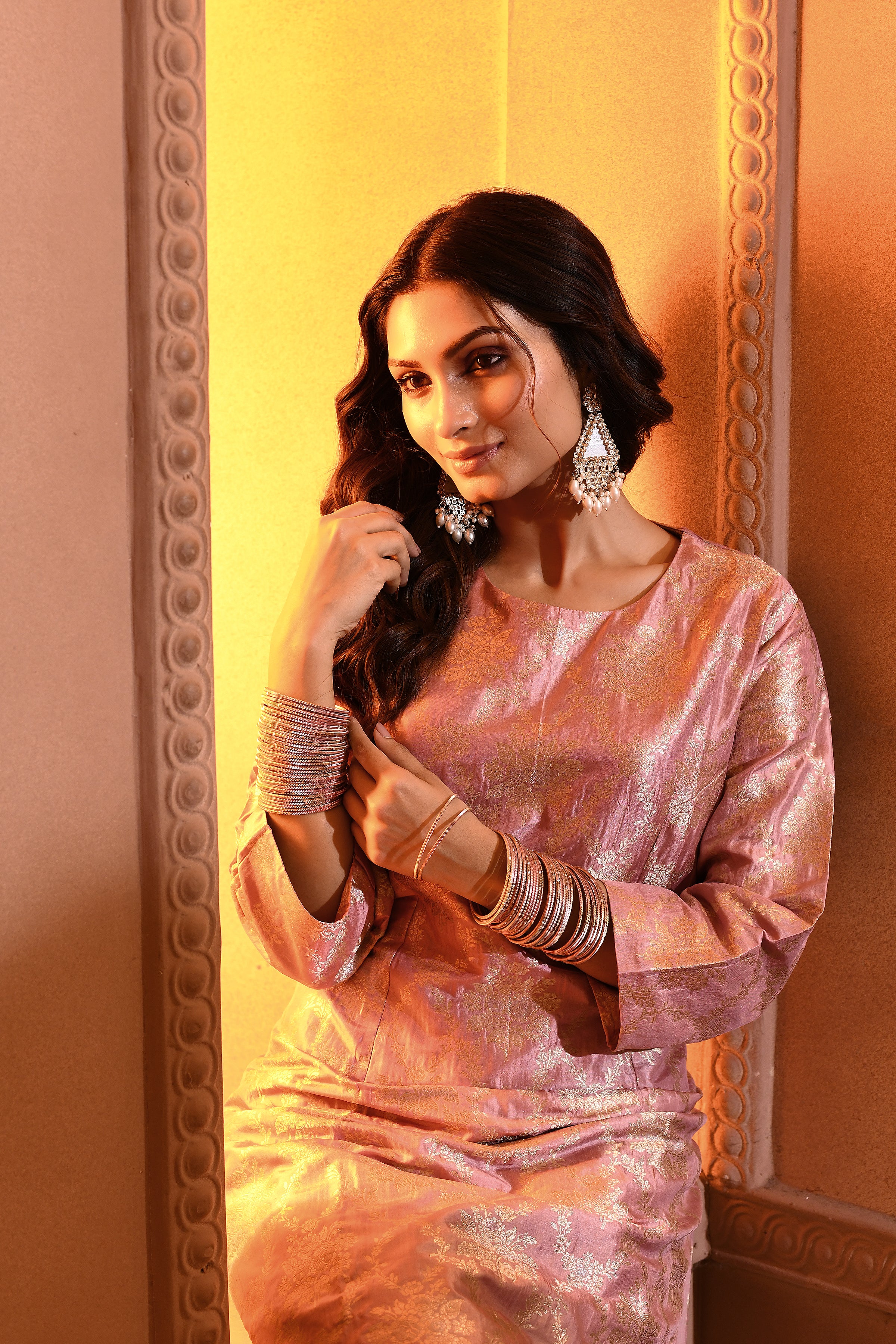 Pink Silver Floral Silk Kurta Set
