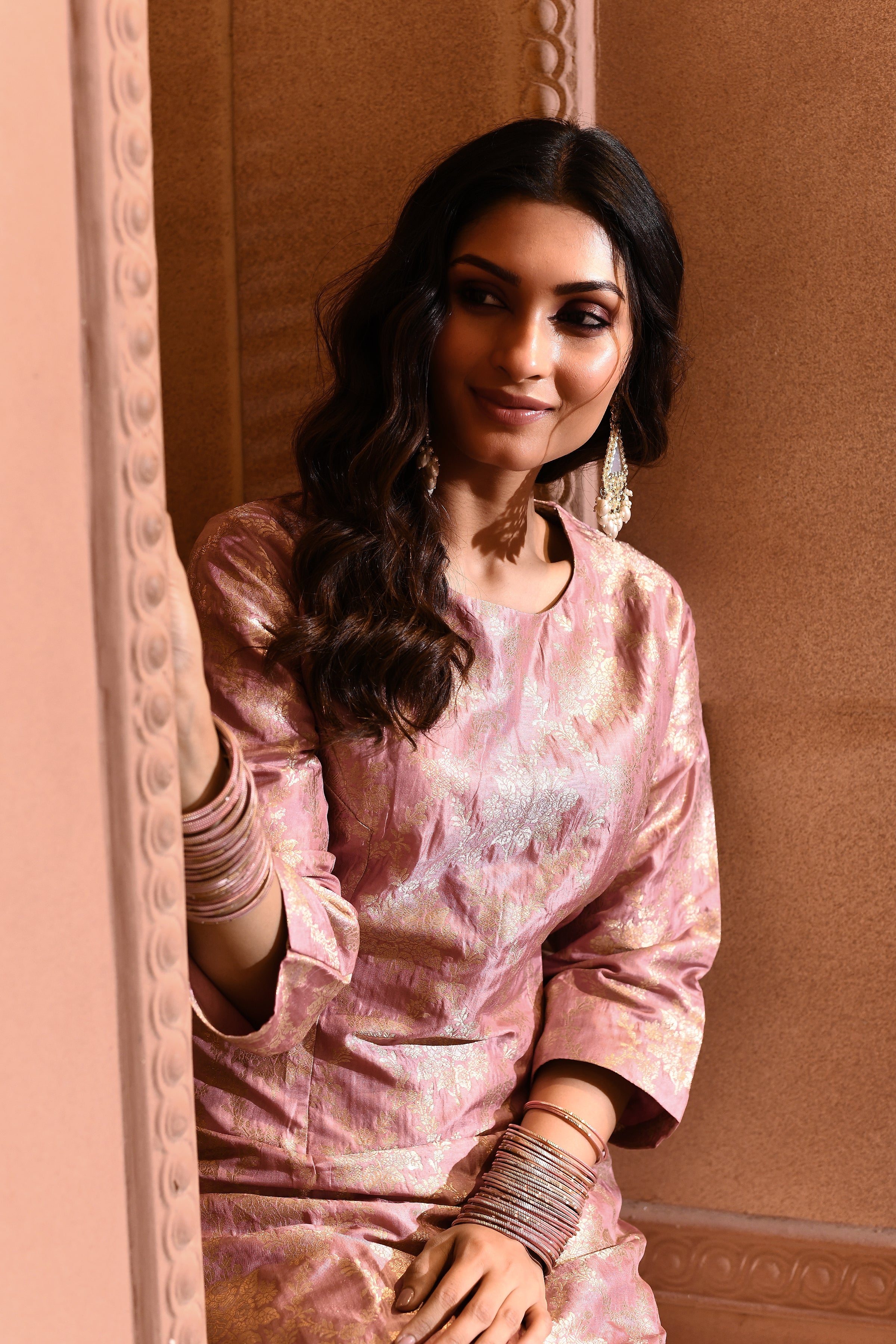Pink Silver Floral Silk Kurta Set