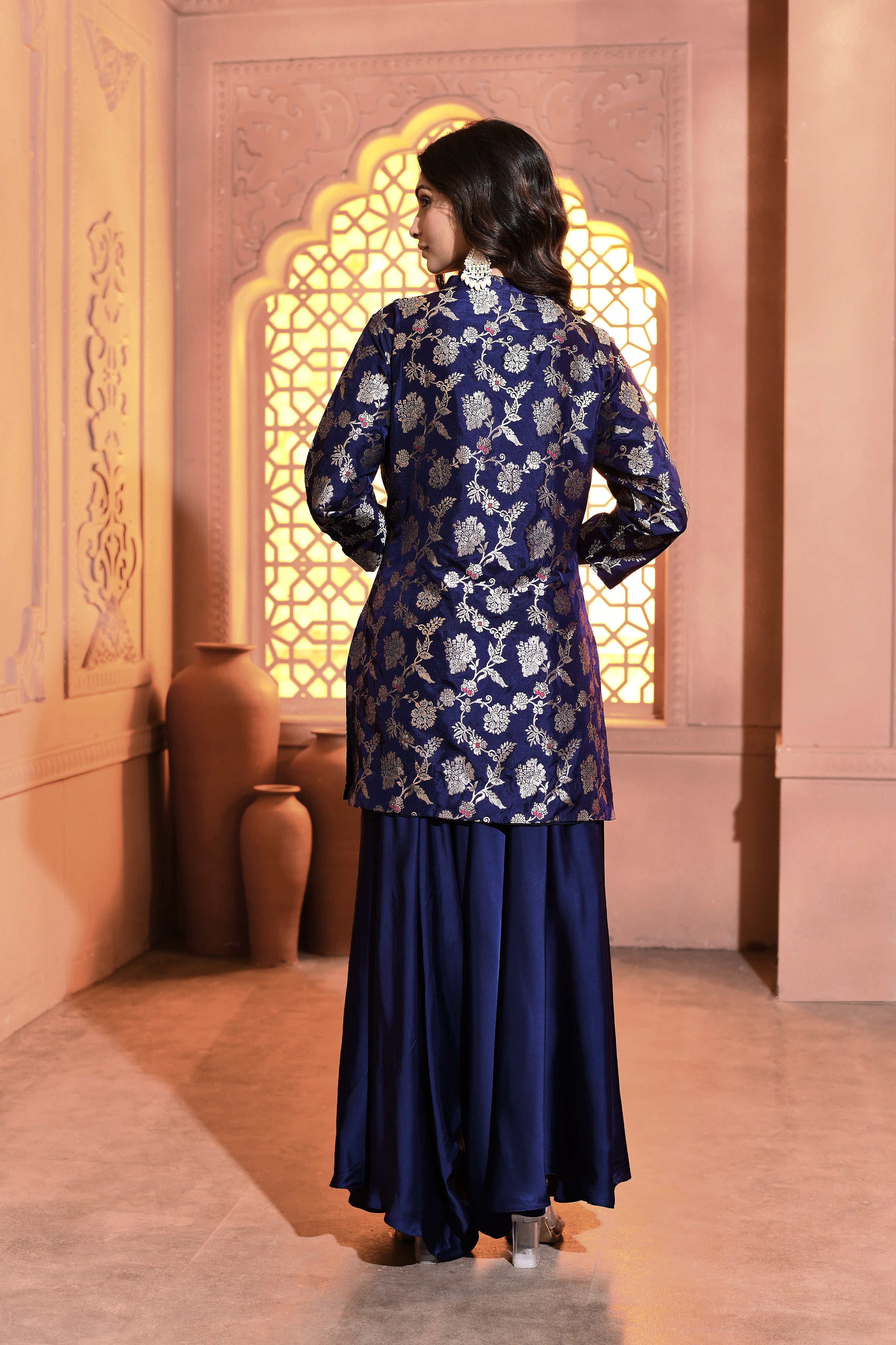 Blue Meenakari Silk Kurta with Drape Pant