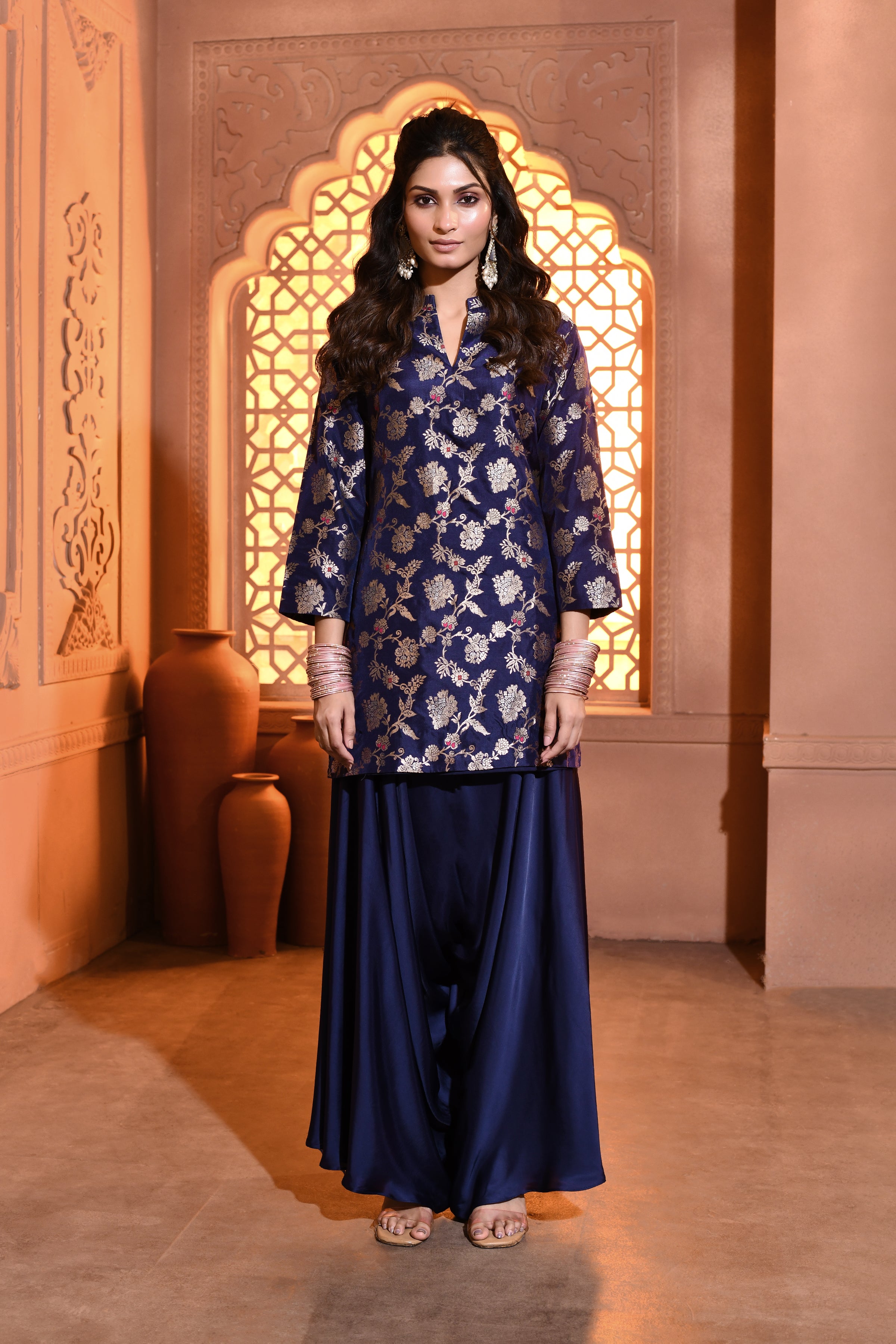 Blue Meenakari Silk Kurta with Drape Pant