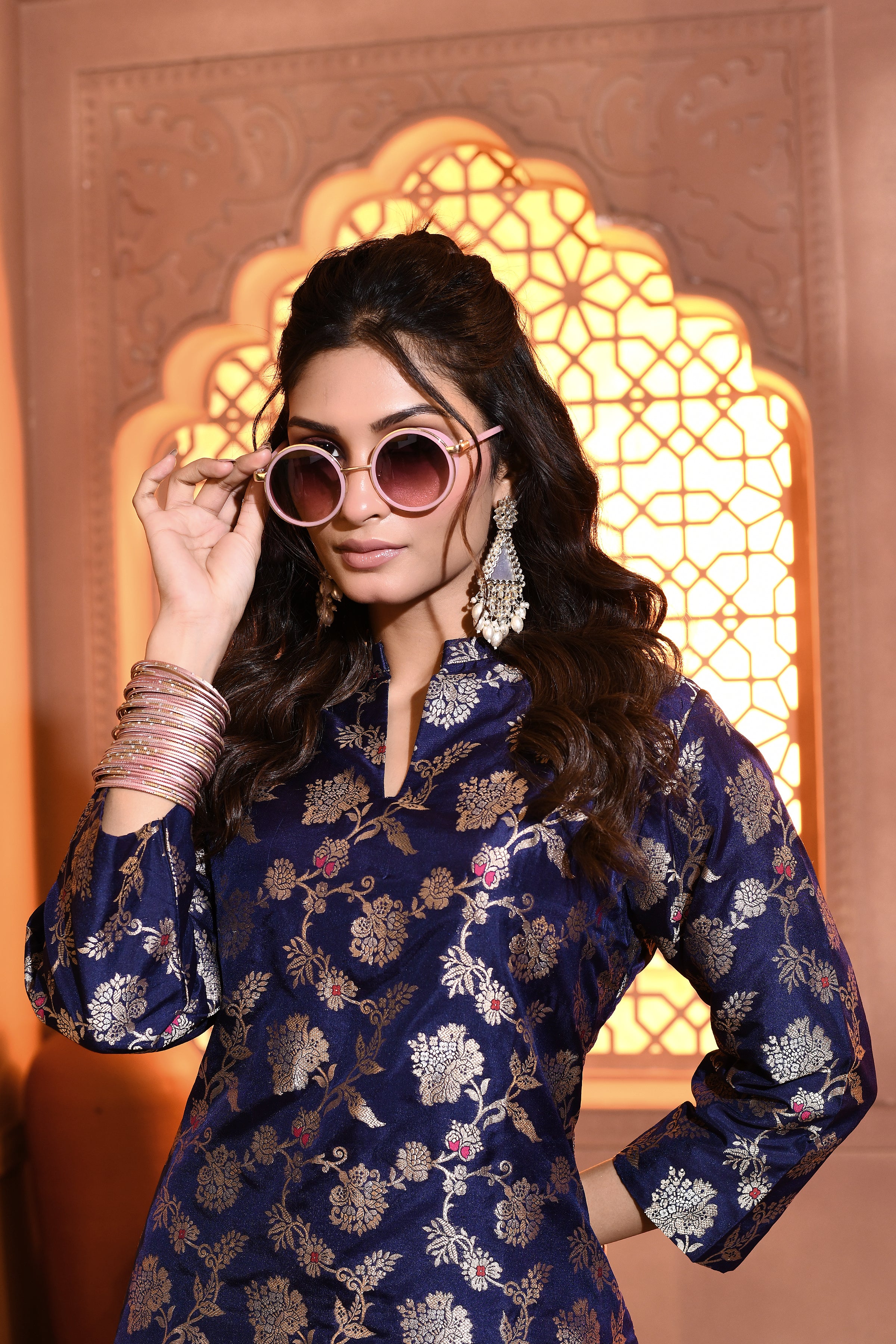 Blue Meenakari Silk Kurta with Drape Pant