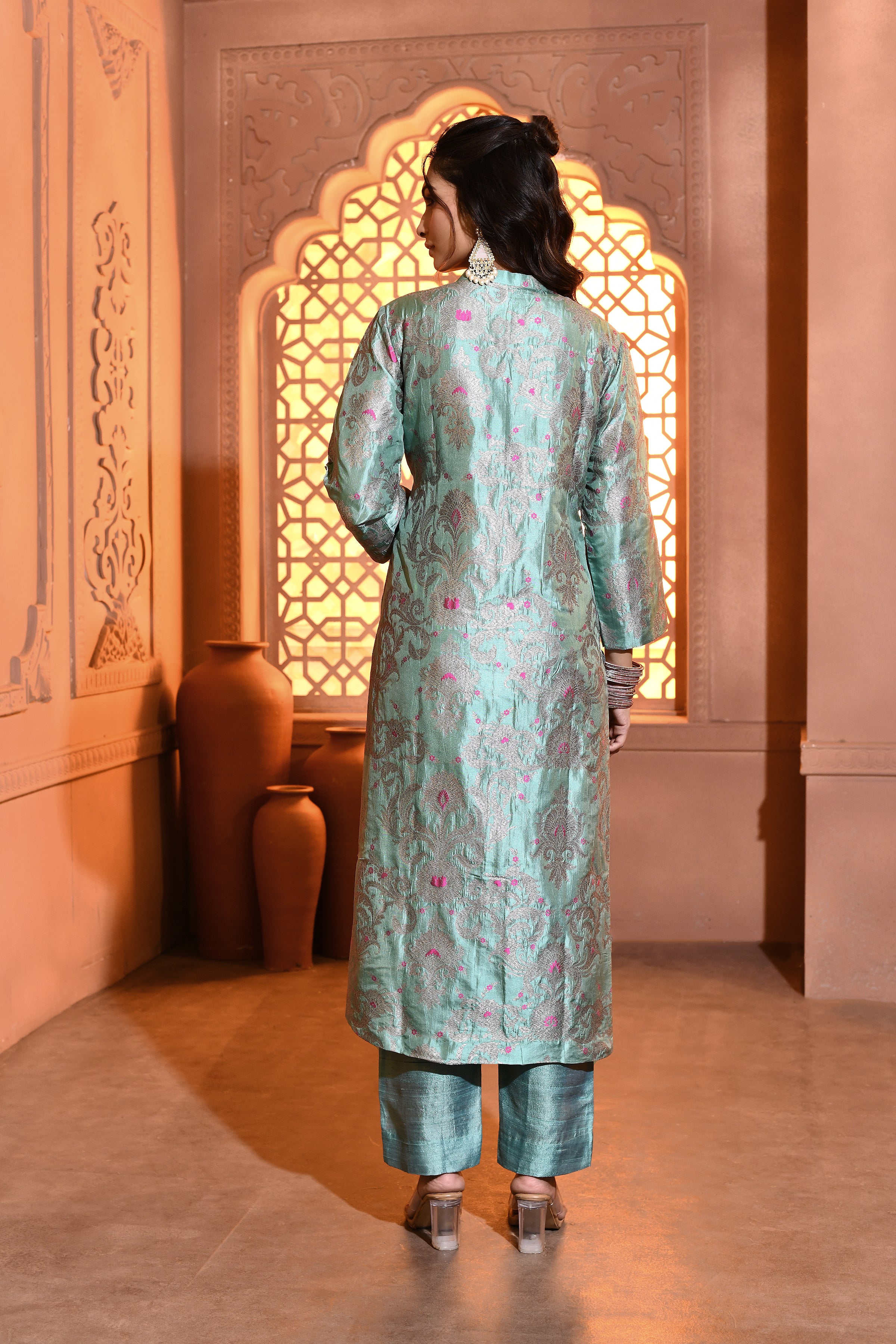 Sage Blue with Pink Meenakari Silk Kurta Set
