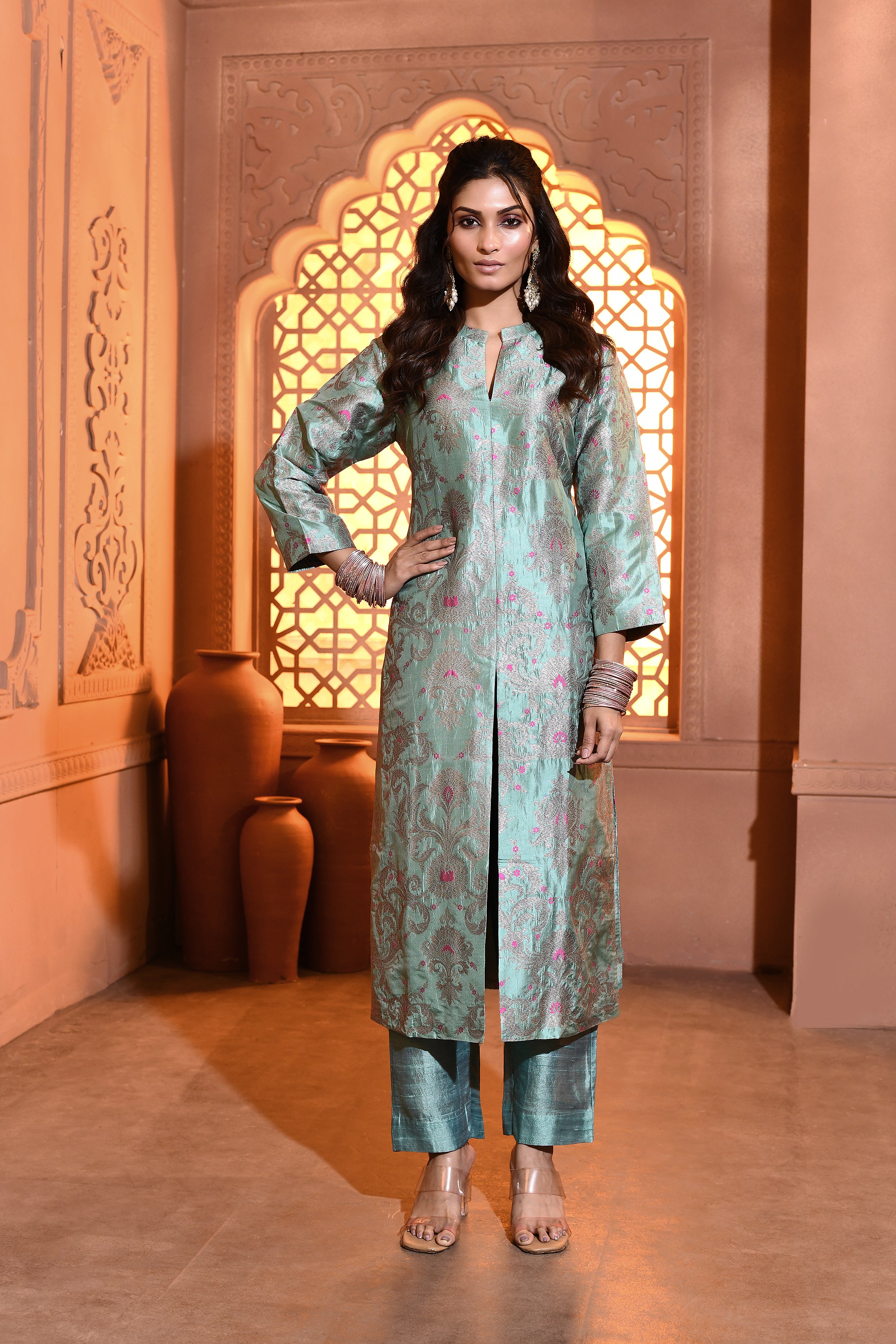 Sage Blue with Pink Meenakari Silk Kurta Set
