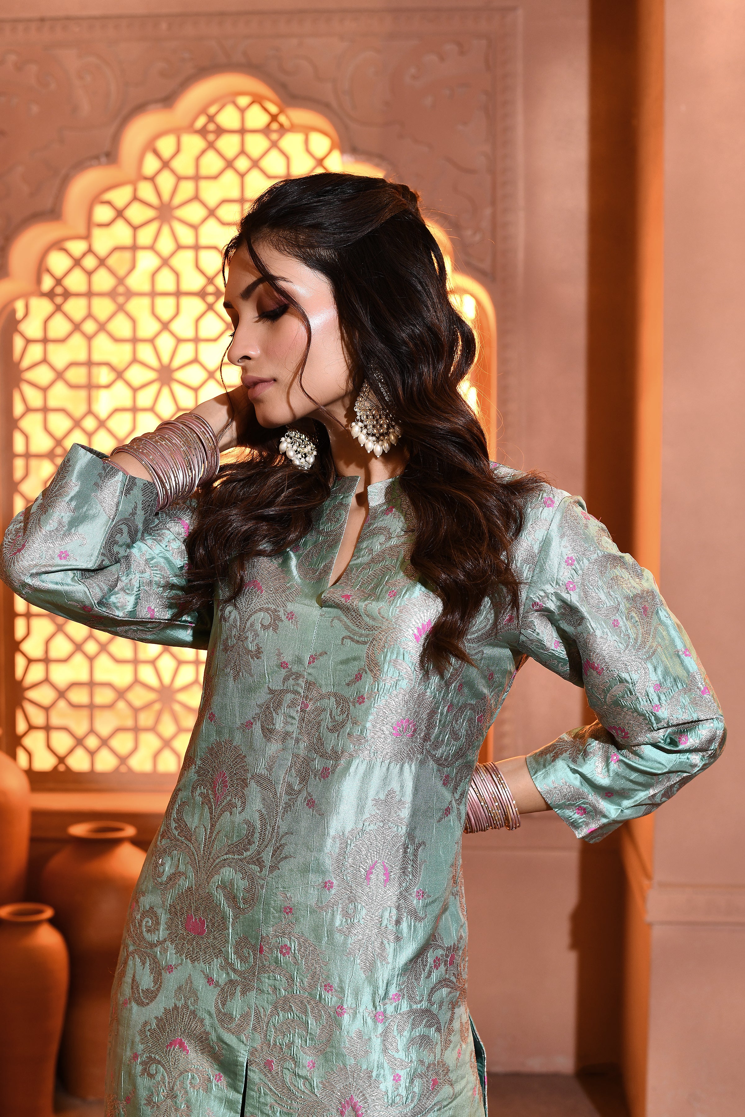 Sage Blue with Pink Meenakari Silk Kurta Set