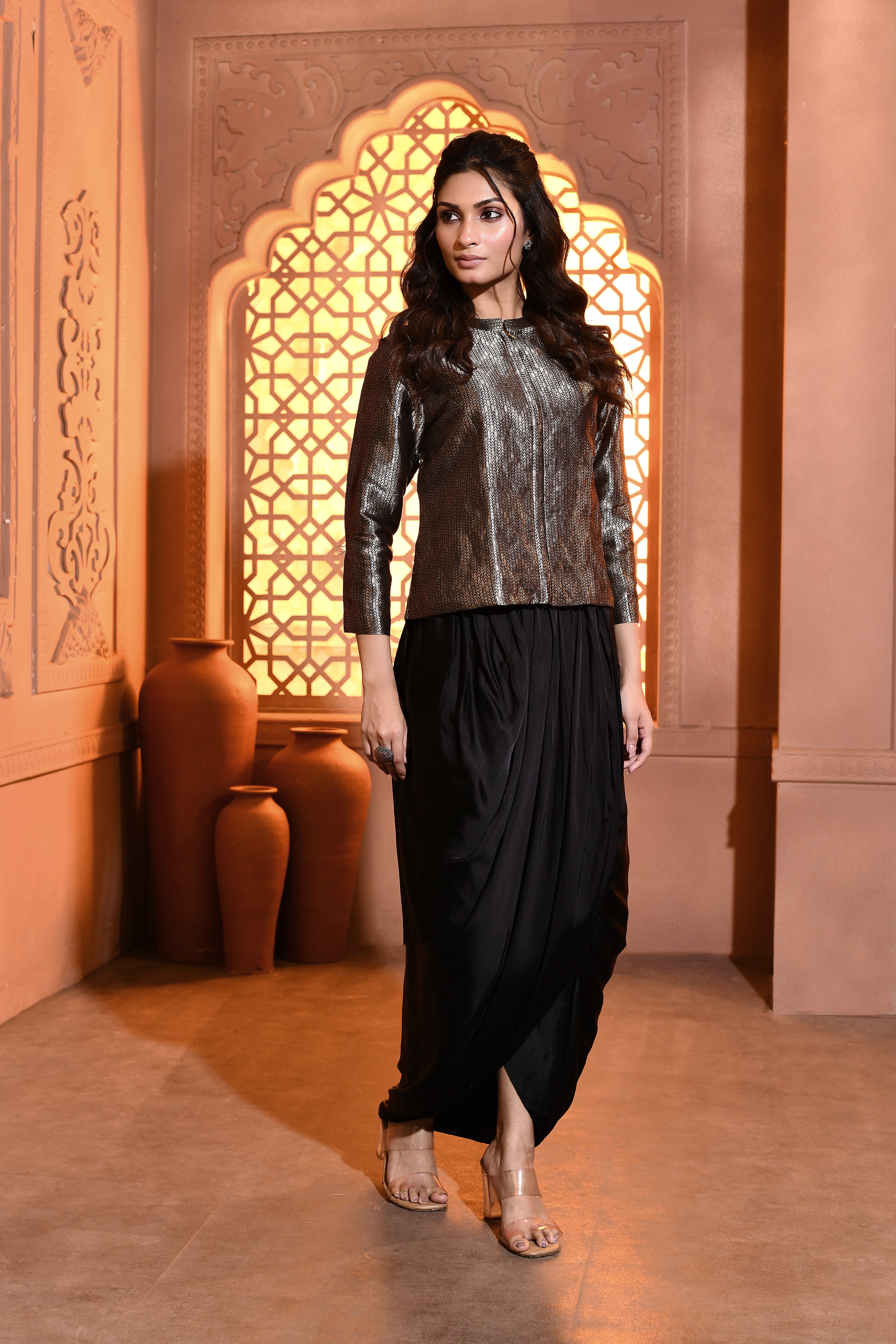 Black and Silver Brocade Jacket with Drape Skirt