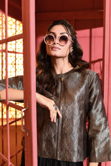 Black and Silver Brocade Jacket with Drape Skirt