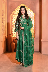 Green Hand-Embroidered Pearl and Zardosi Work Duppatta