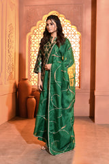 Green Hand-Embroidered Pearl and Zardosi Work Duppatta