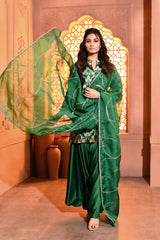 Green Hand-Embroidered Pearl and Zardosi Work Duppatta