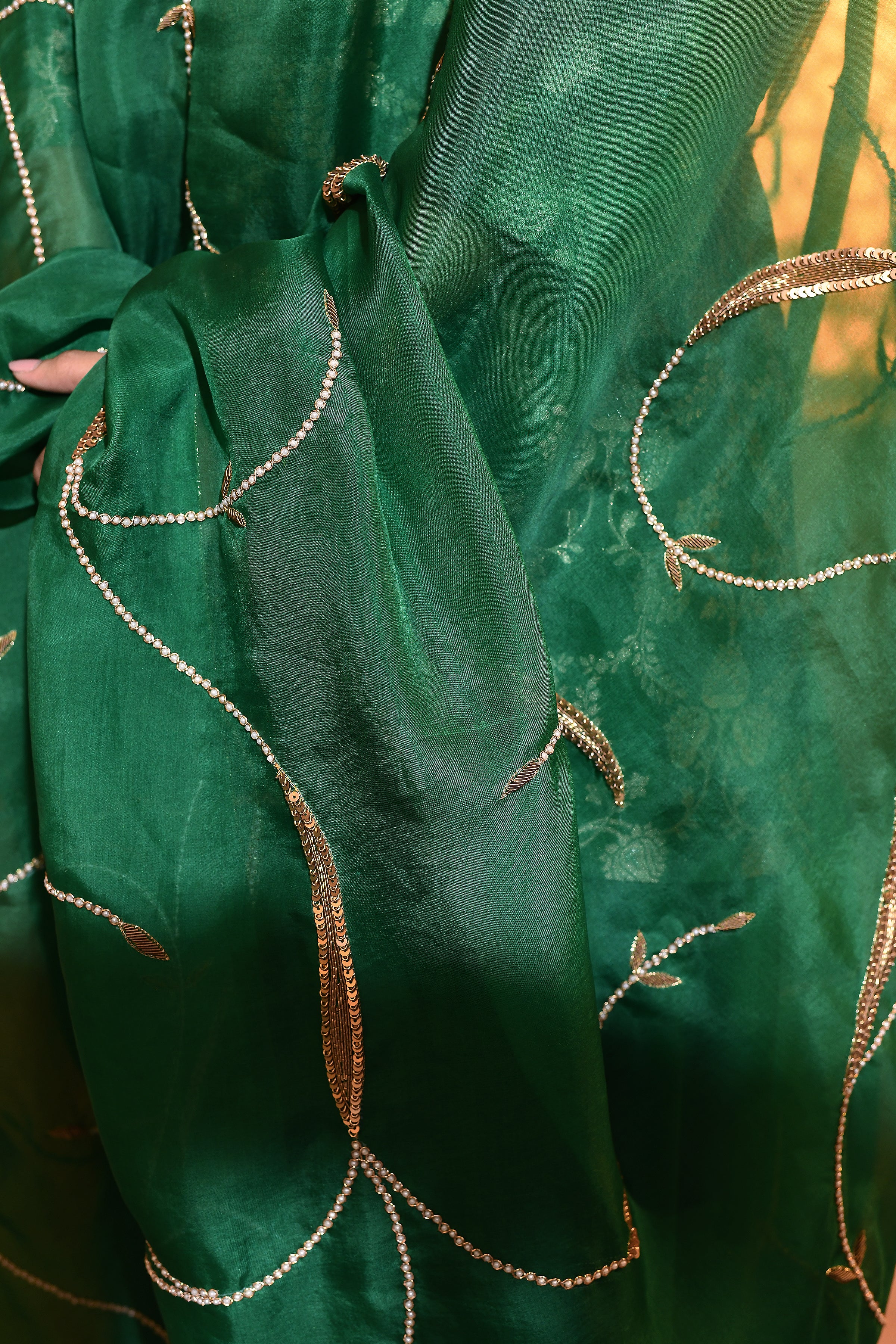 Green Hand-Embroidered Pearl and Zardosi Work Duppatta