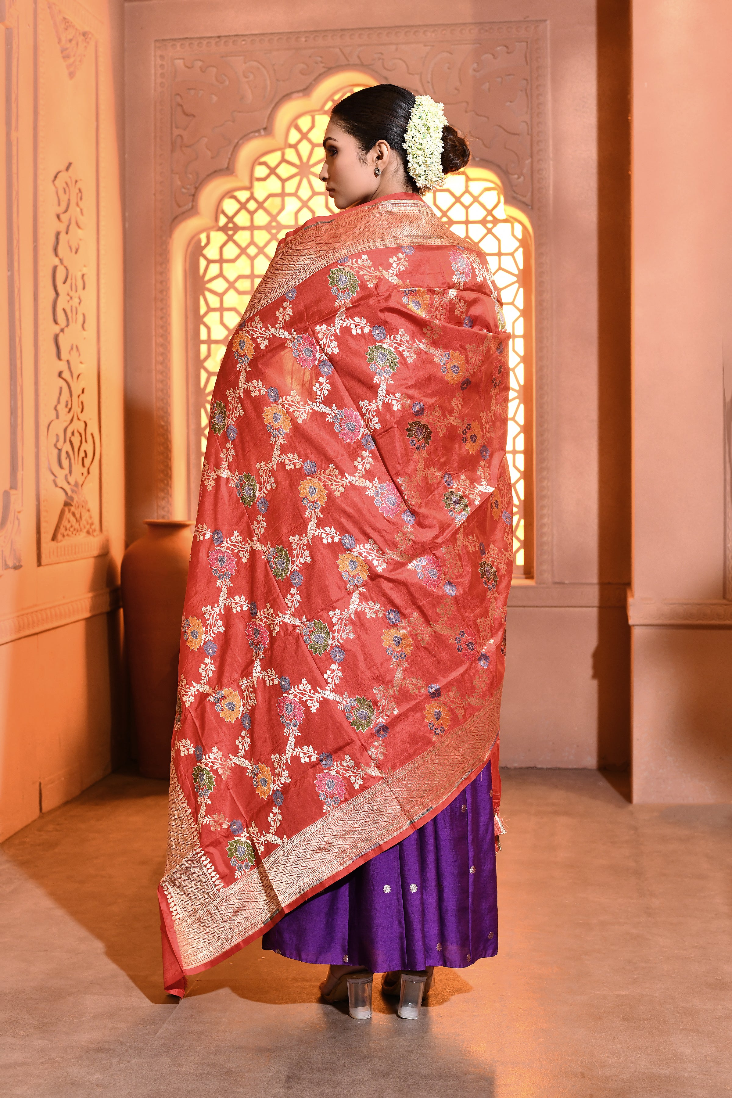 Red Multi-Floral Banarsi Silk Duppatta