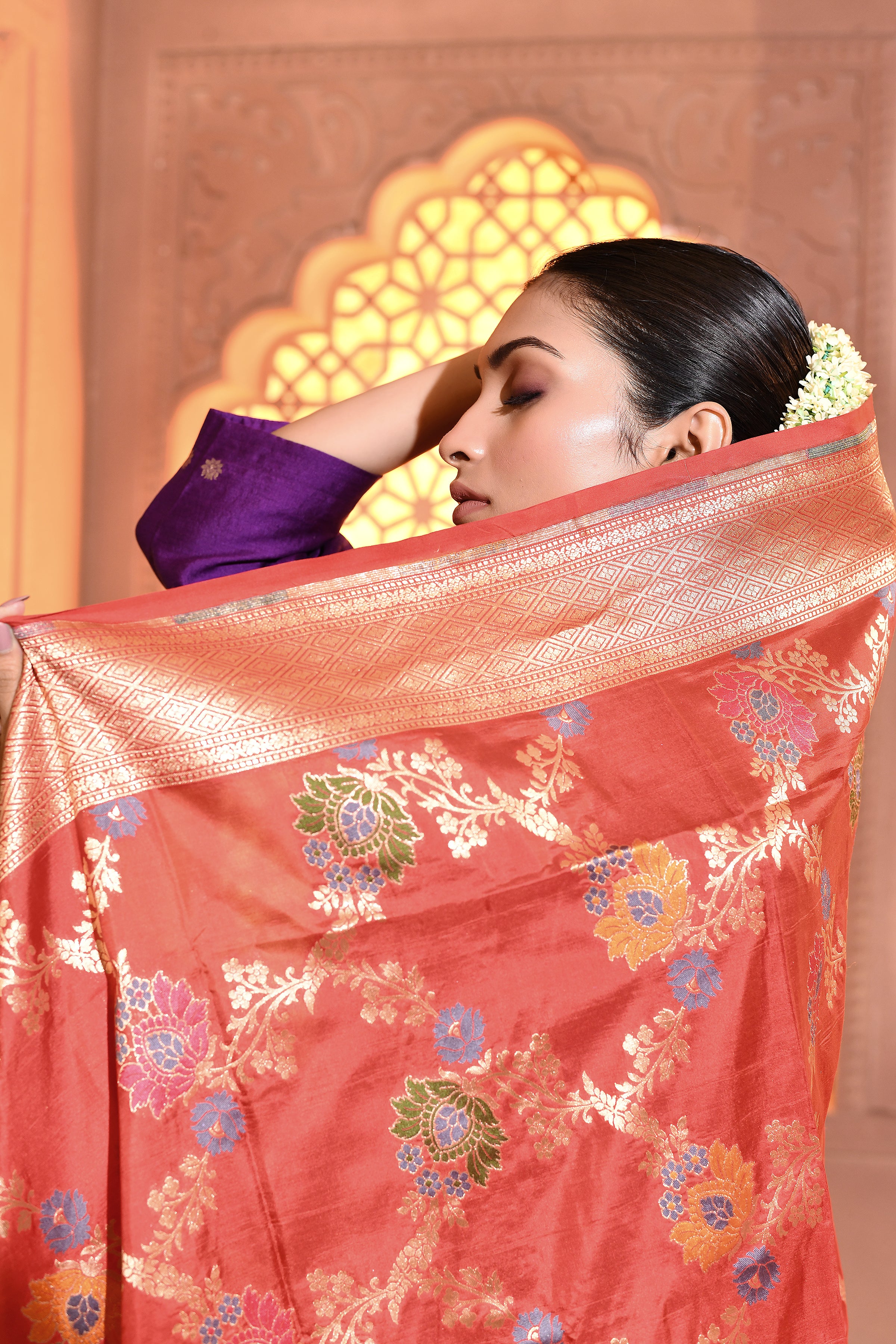 Red Multi-Floral Banarsi Silk Duppatta