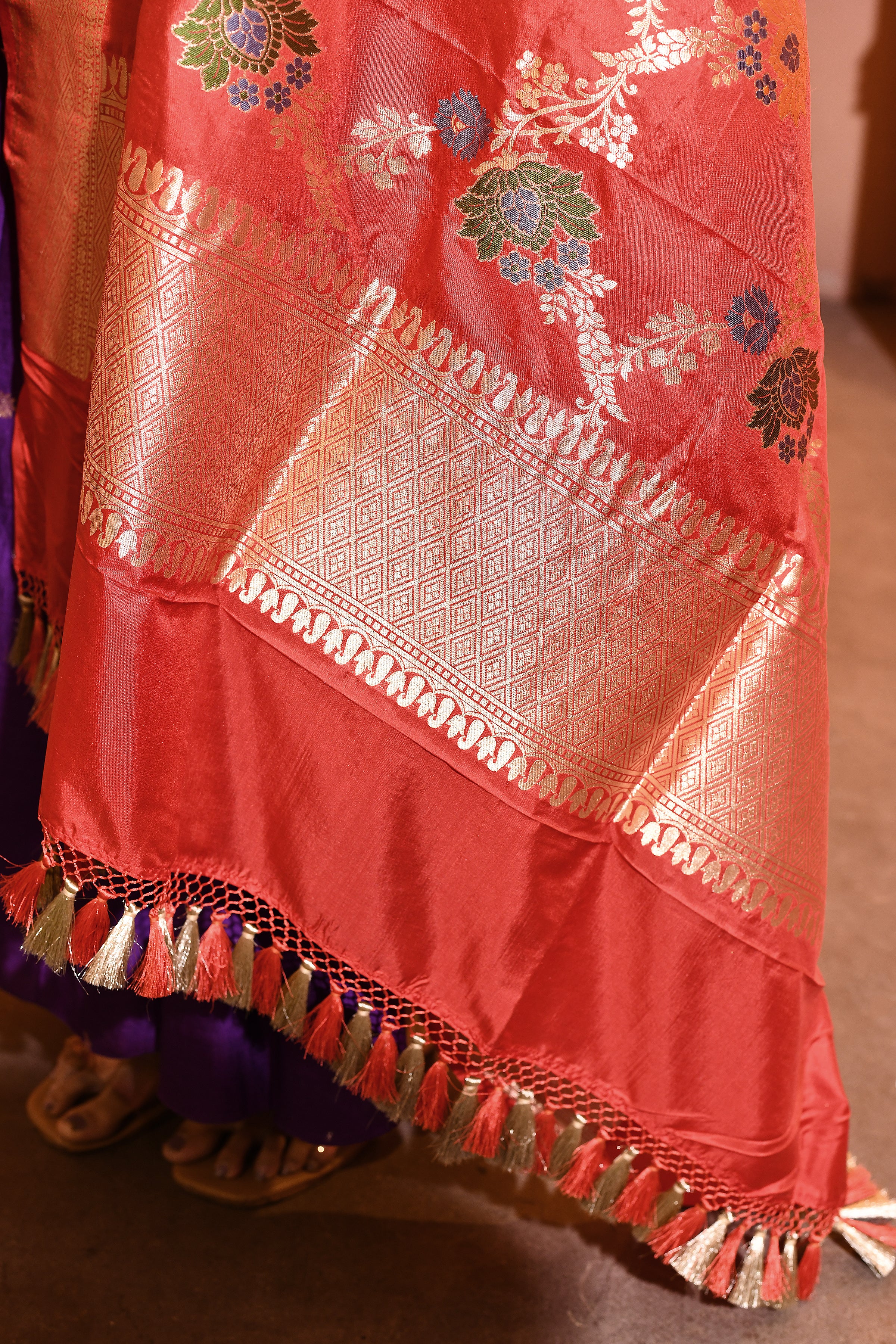 Red Multi-Floral Banarsi Silk Duppatta