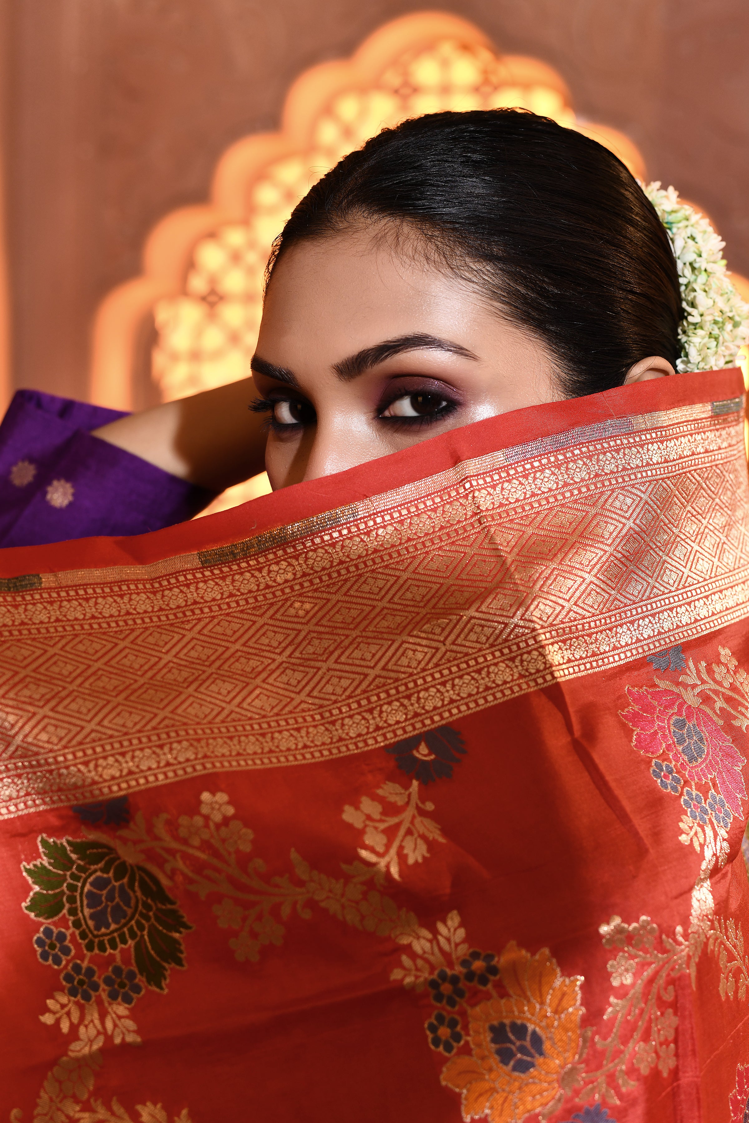 Red Multi-Floral Banarsi Silk Duppatta