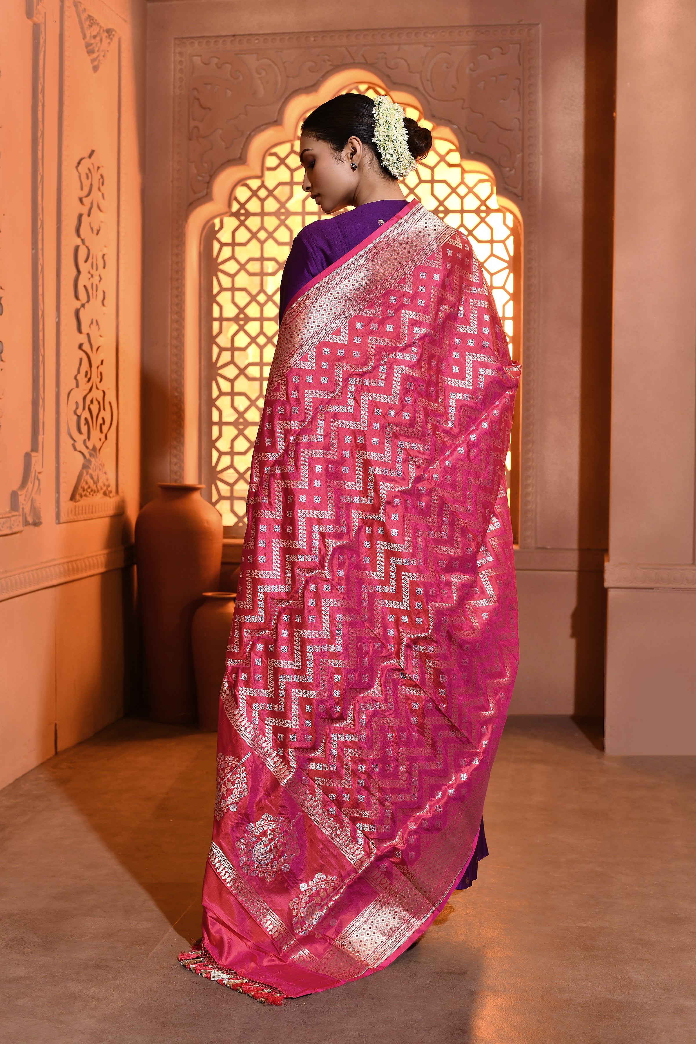 Pink Chevron Handwoven Banarsi Silk Duppatta