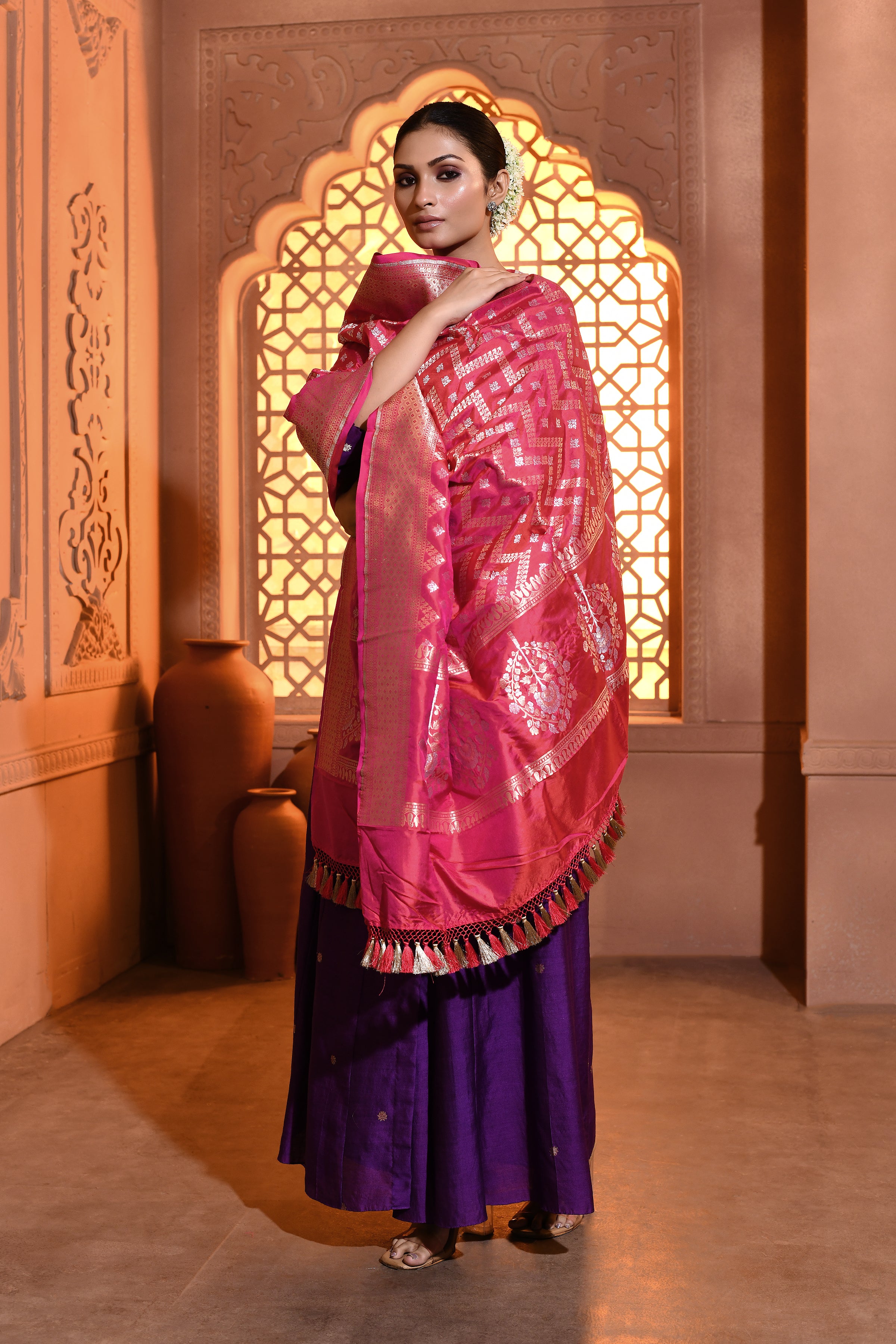 Pink Chevron Handwoven Banarsi Silk Duppatta
