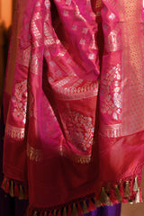 Pink Chevron Handwoven Banarsi Silk Duppatta