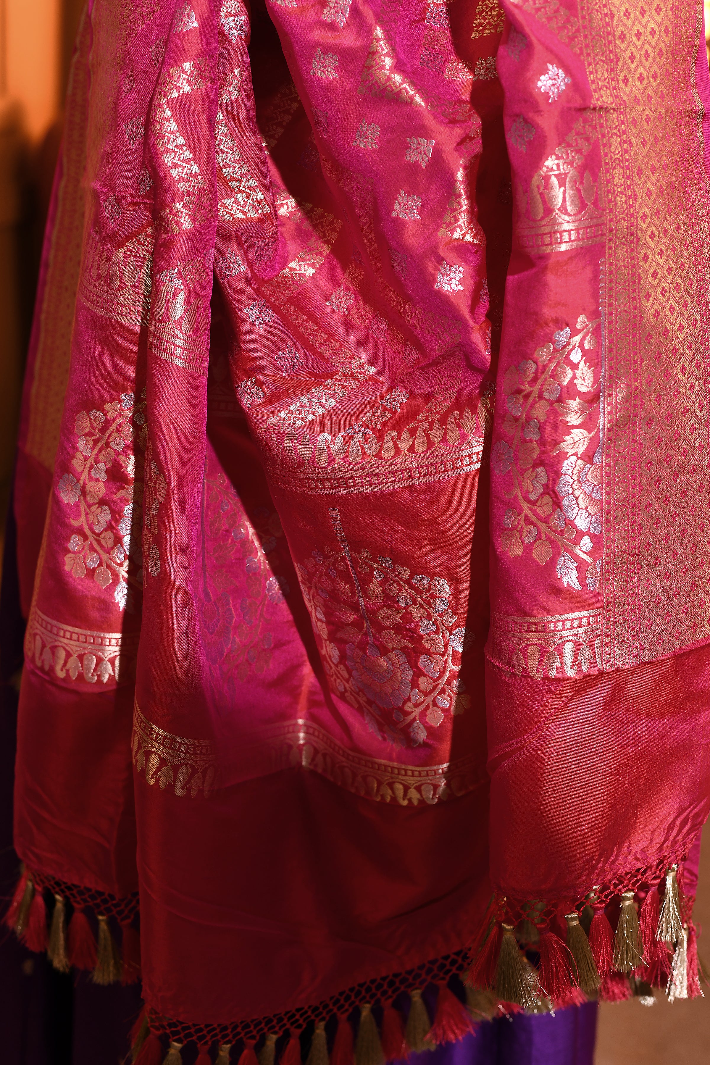 Pink Chevron Handwoven Banarsi Silk Duppatta