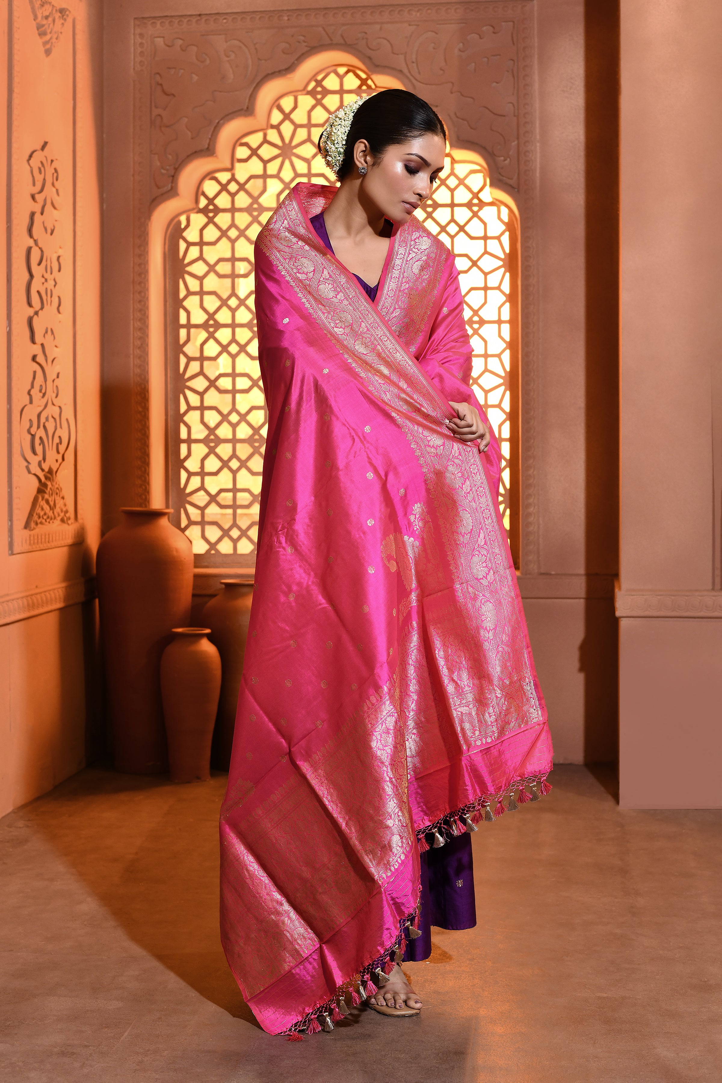 Pink Handwoven Booti Silk Duppatta