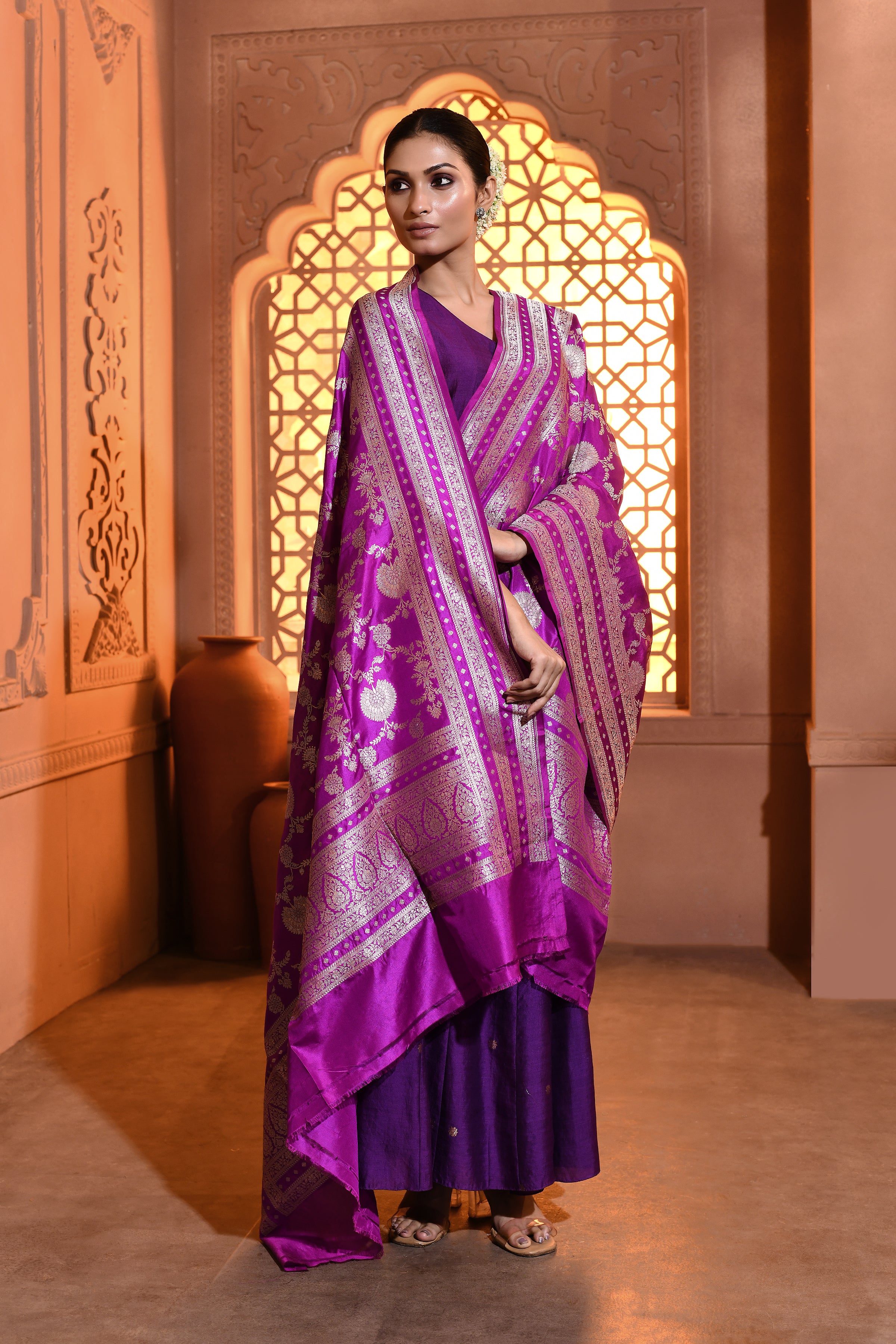 Purple Floral Jaal Silk Duppatta