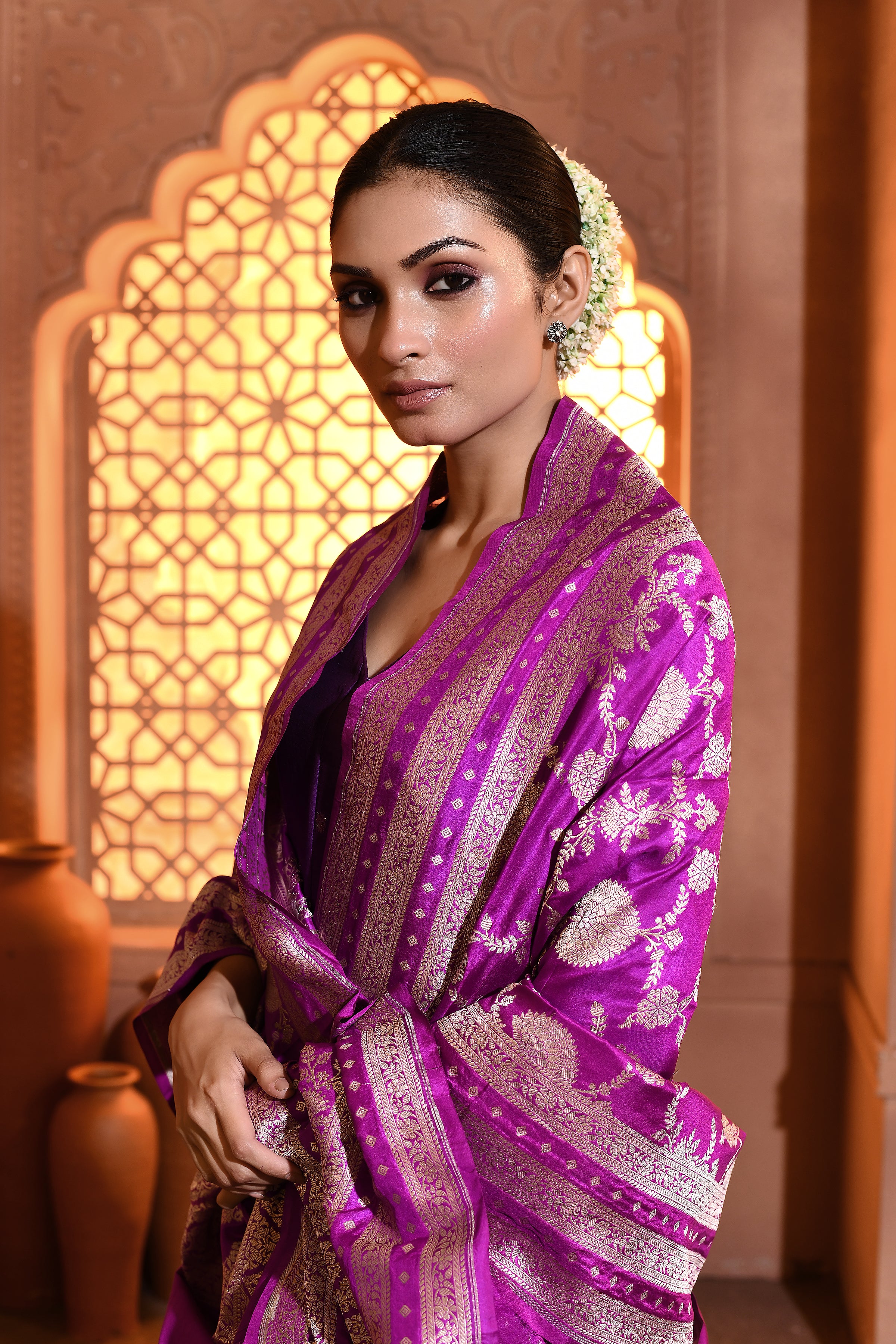 Purple Floral Jaal Silk Duppatta