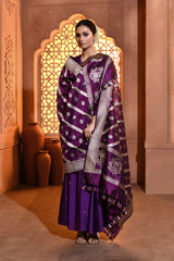 Purple Silver Gold Booti Banarsi Silk Duppatta