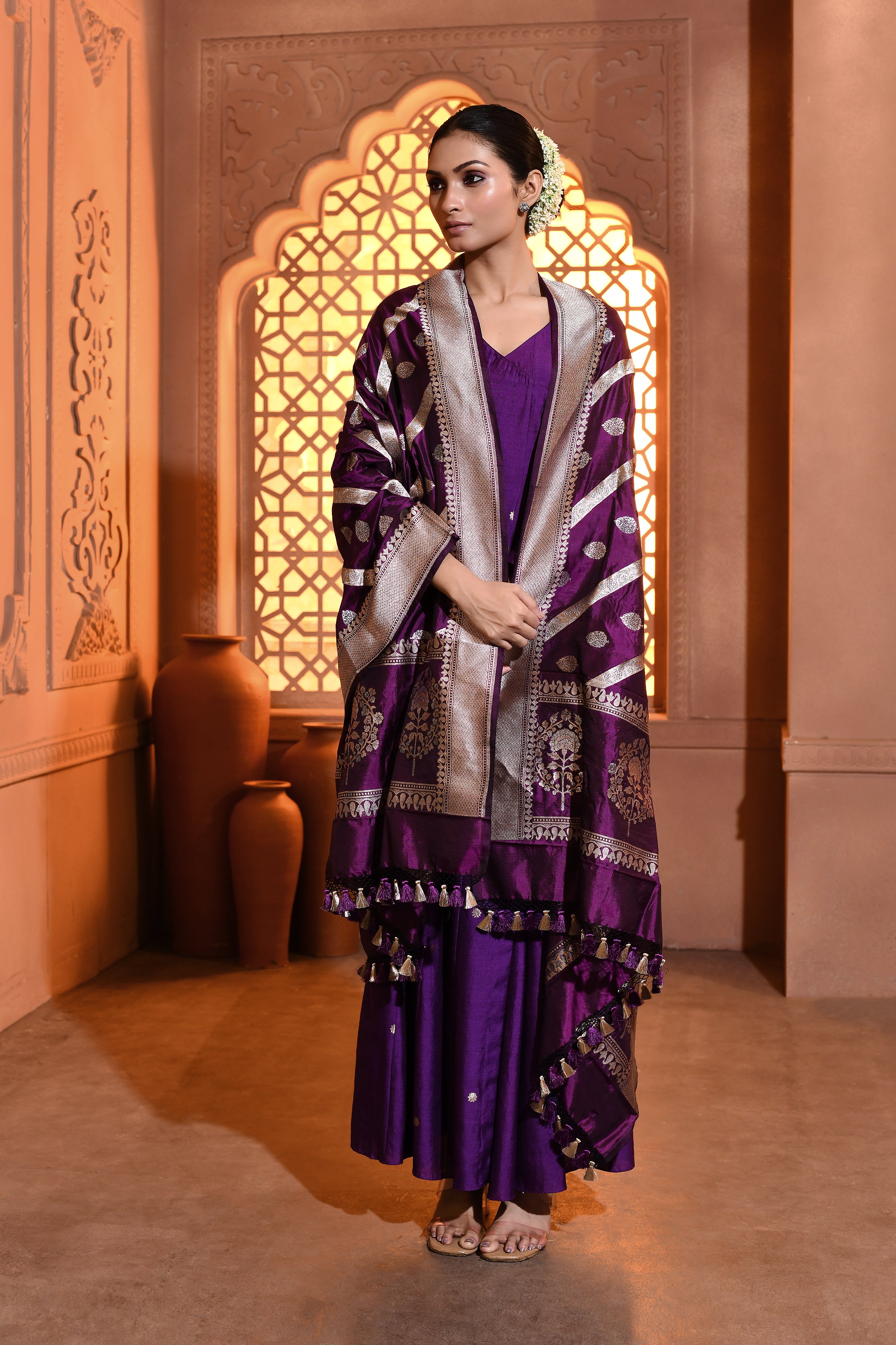 Purple Silver Gold Booti Banarsi Silk Duppatta