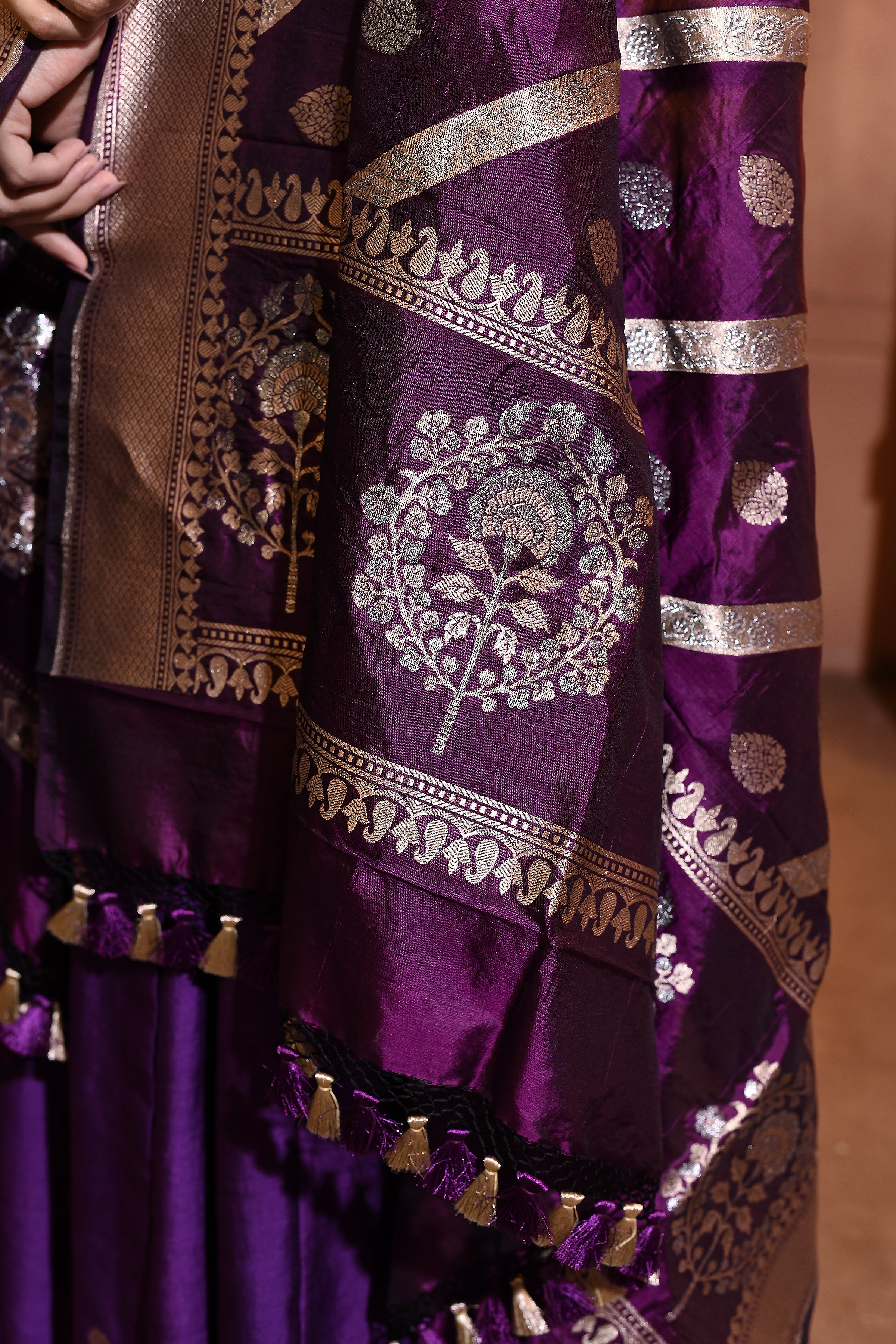 Purple Silver Gold Booti Banarsi Silk Duppatta