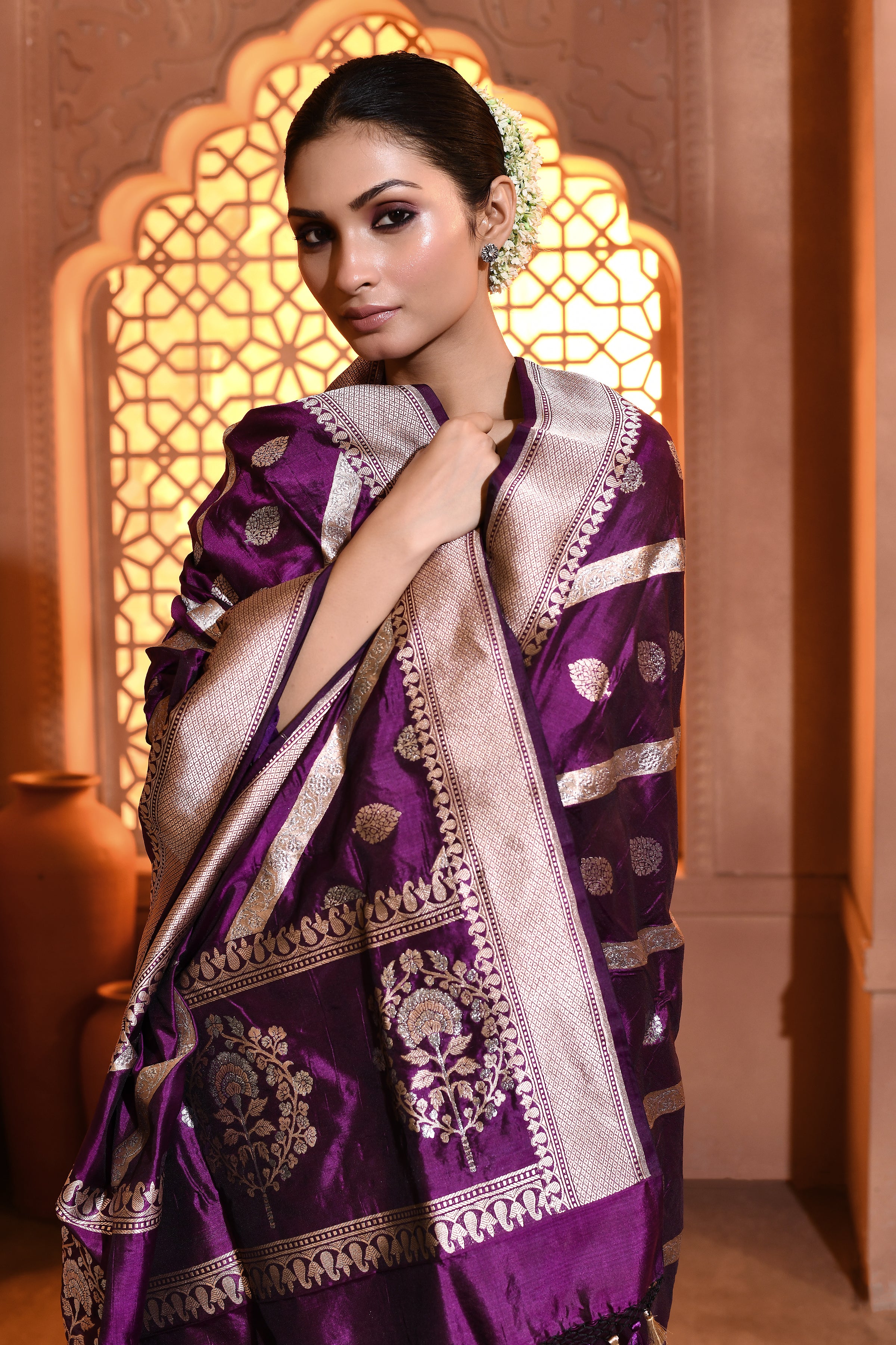 Purple Silver Gold Booti Banarsi Silk Duppatta