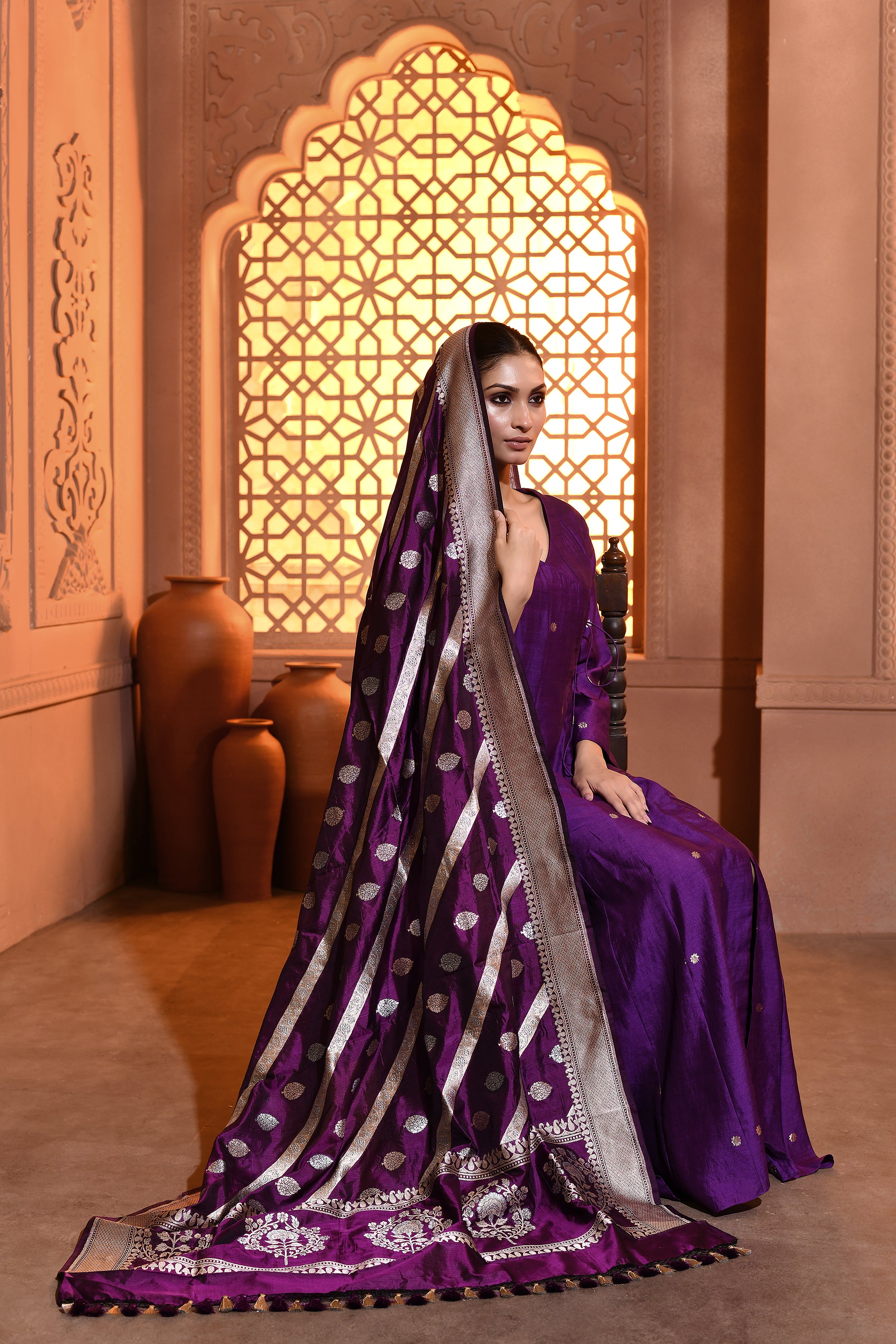 Purple Silver Gold Booti Banarsi Silk Duppatta